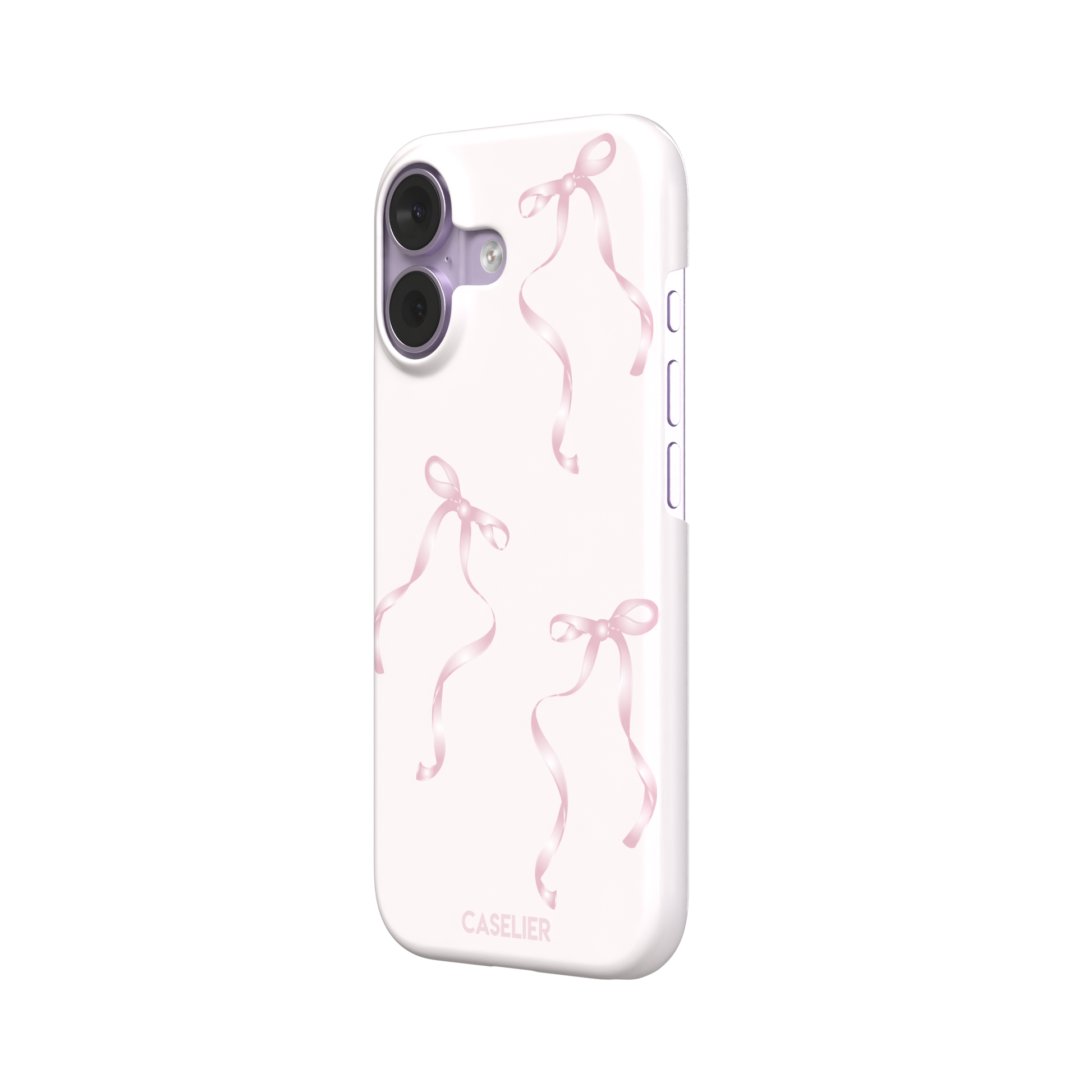 Bows phone case with scattered pink satin ribbon bows on a soft blush background, coquette style, phone case by Caselier — snap case, right view