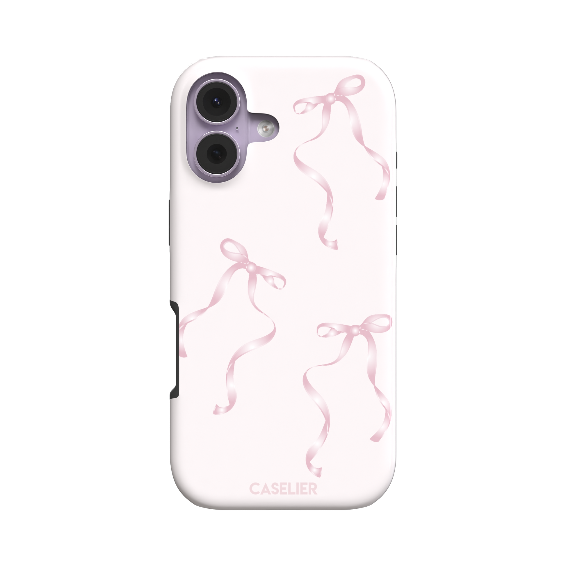 Bows phone case with scattered pink satin ribbon bows on a soft blush background, coquette style, phone case by Caselier — tough case, front view