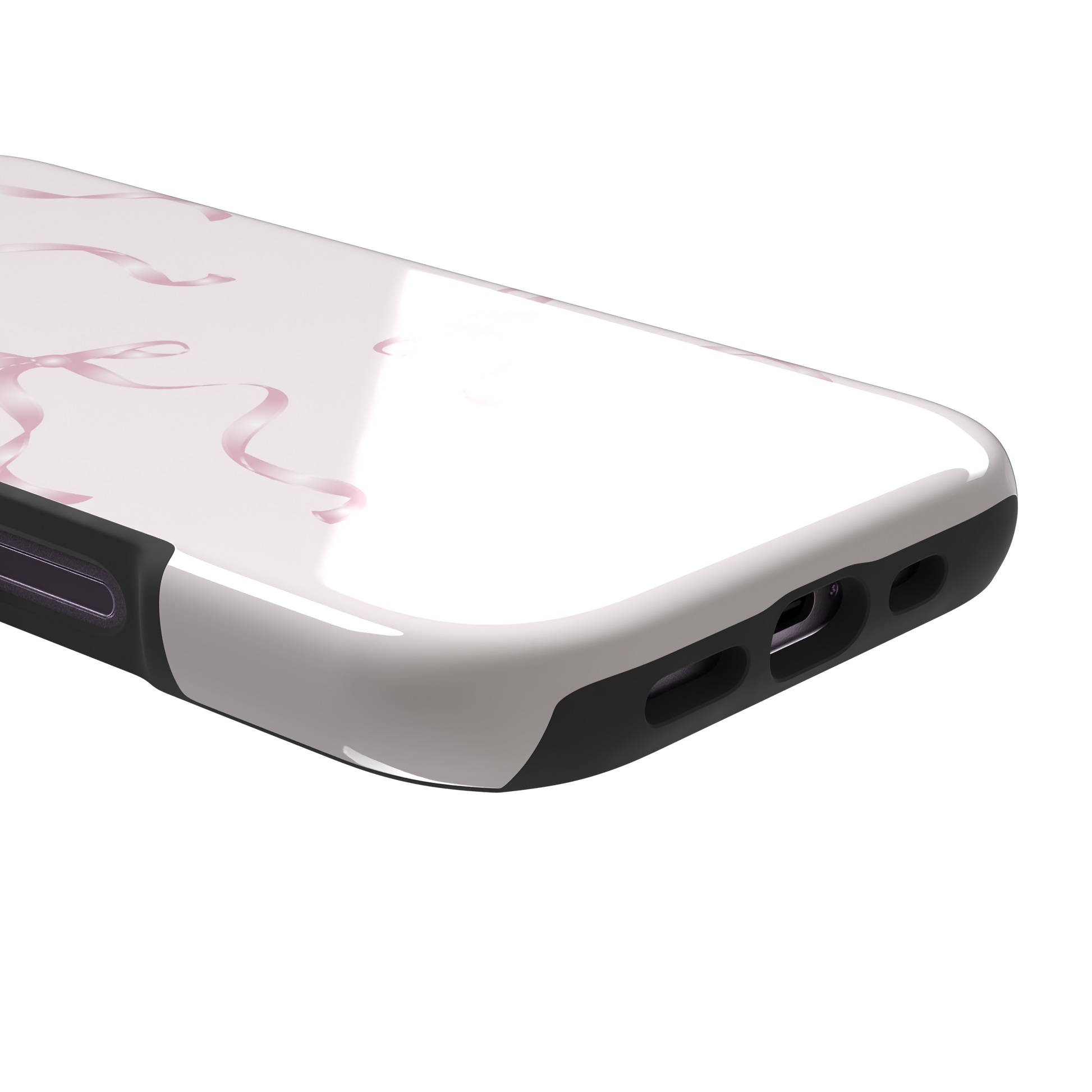 Bows phone case with scattered pink satin ribbon bows on a soft blush background, coquette style, phone case by Caselier — tough case, charging port detail