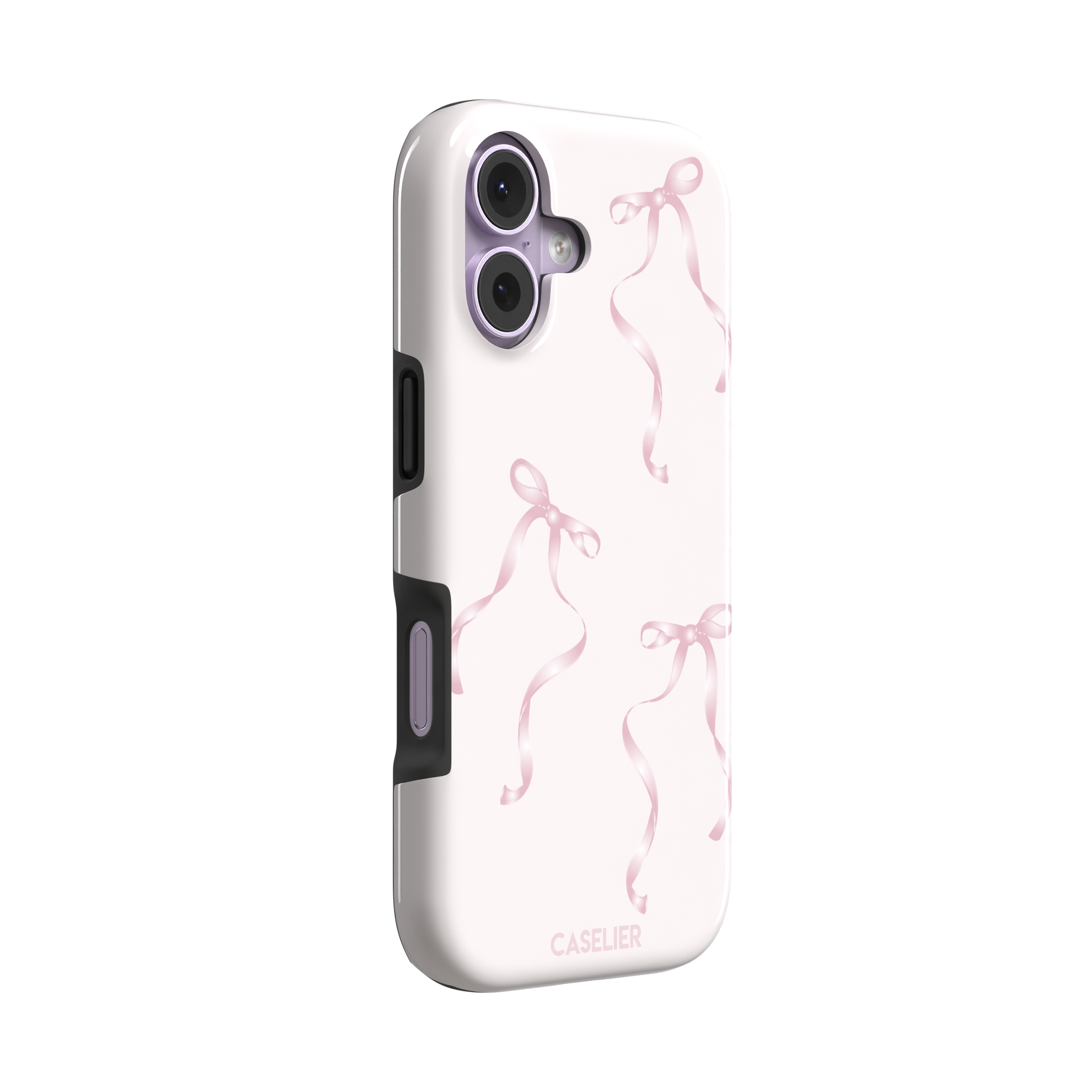 Bows phone case with scattered pink satin ribbon bows on a soft blush background, coquette style, phone case by Caselier — tough case, left view