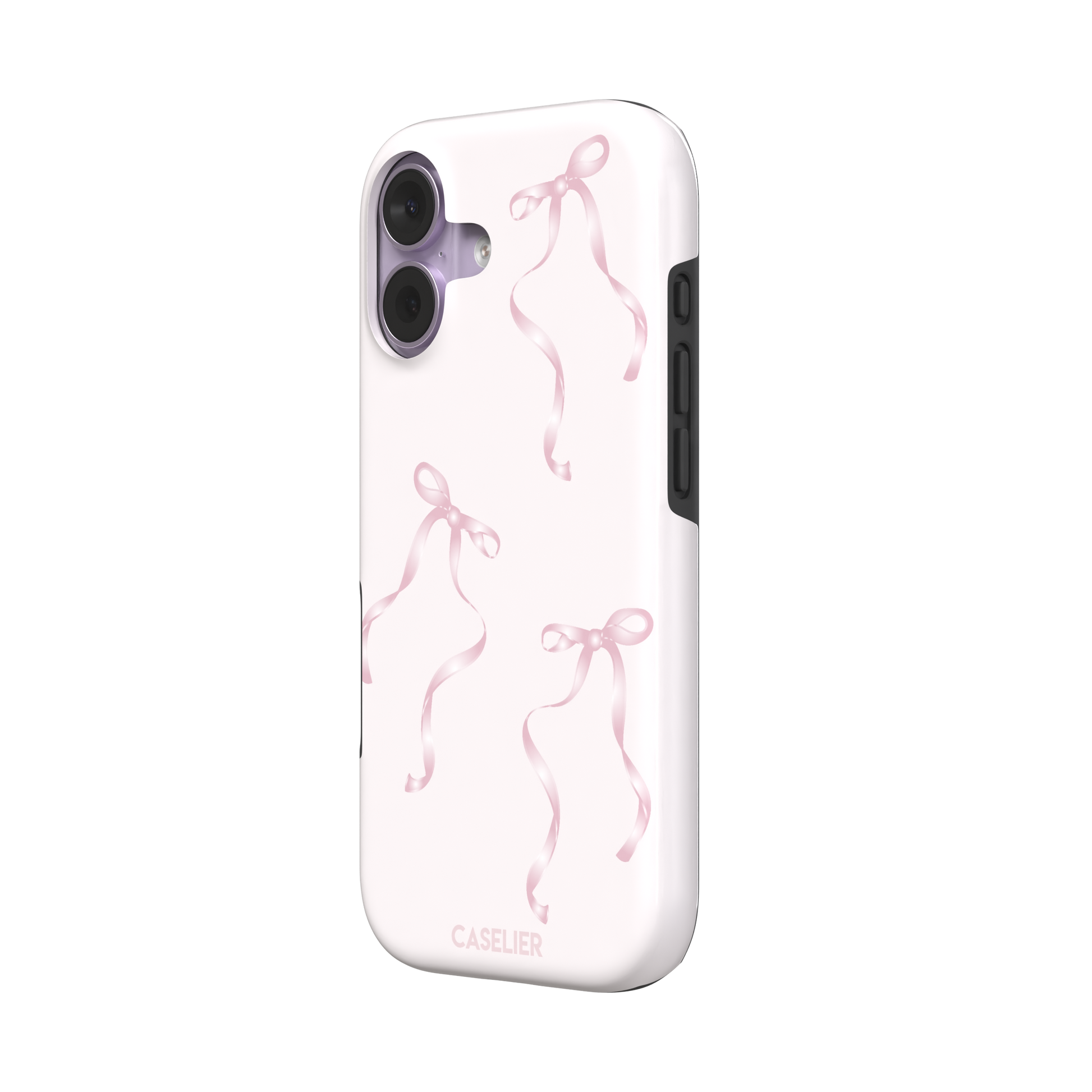 Bows phone case with scattered pink satin ribbon bows on a soft blush background, coquette style, phone case by Caselier — tough case, right view