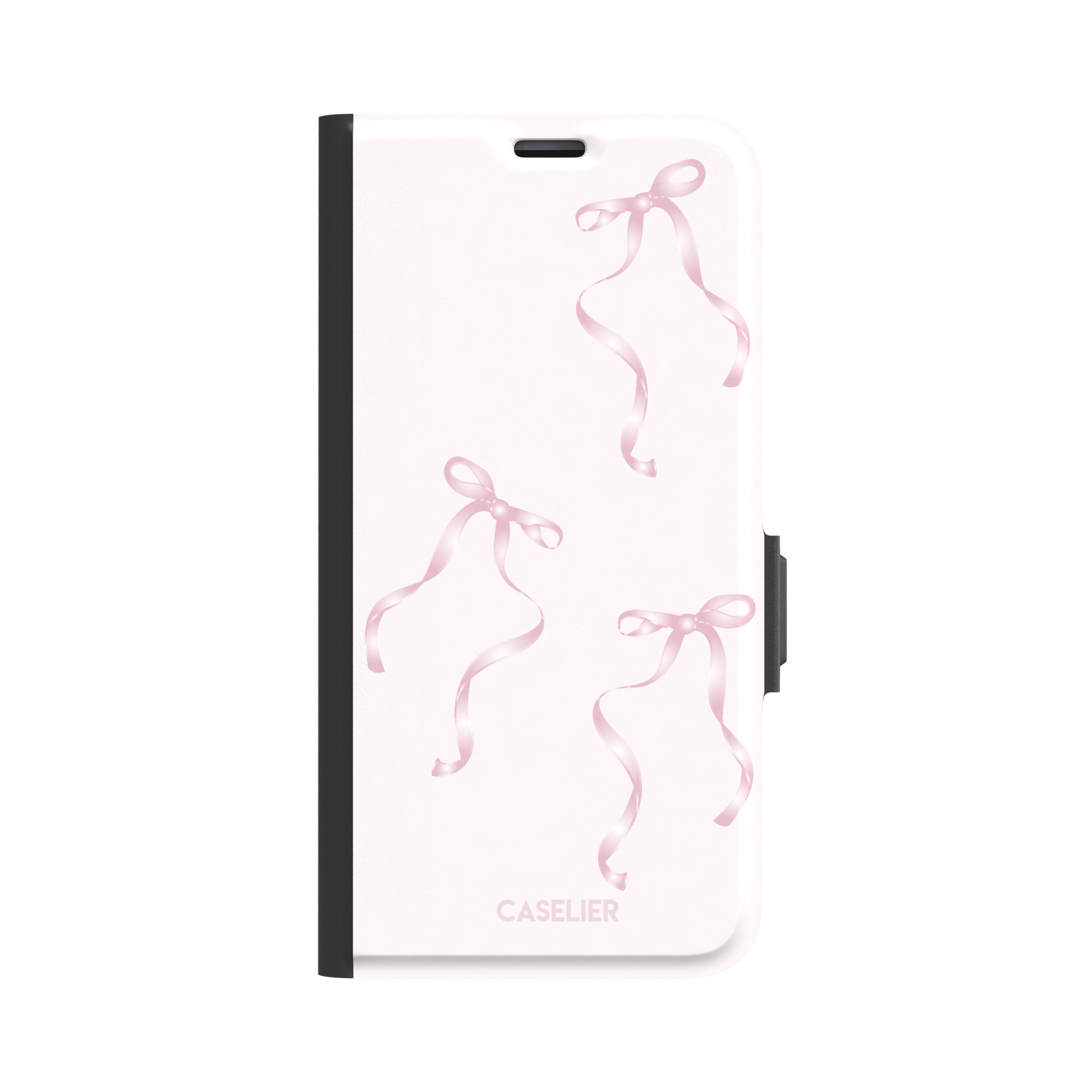 Bows phone case with scattered pink satin ribbon bows on a soft blush background, coquette style, phone case by Caselier — wallet case, front view