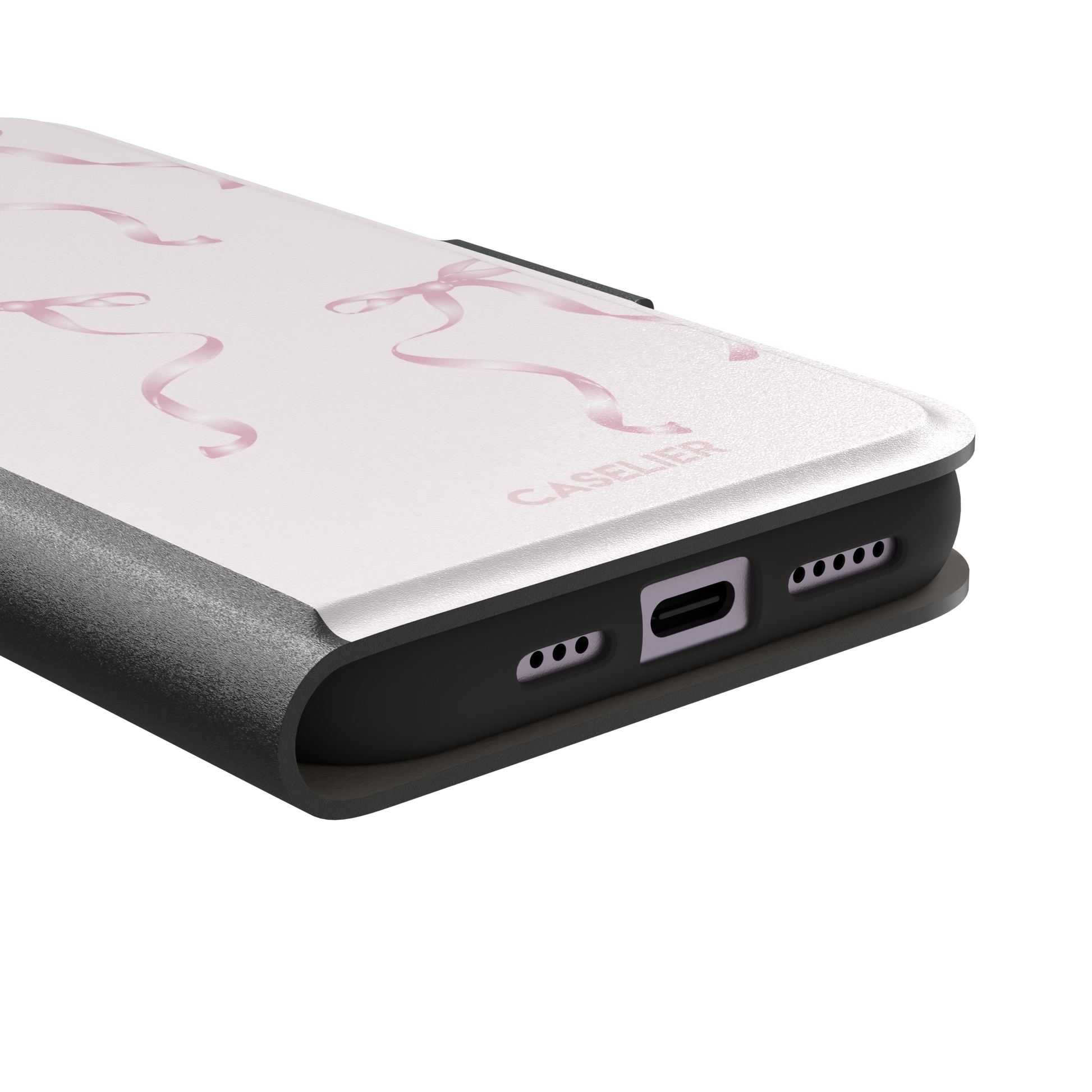 Bows phone case with scattered pink satin ribbon bows on a soft blush background, coquette style, phone case by Caselier — wallet case, charging port detail