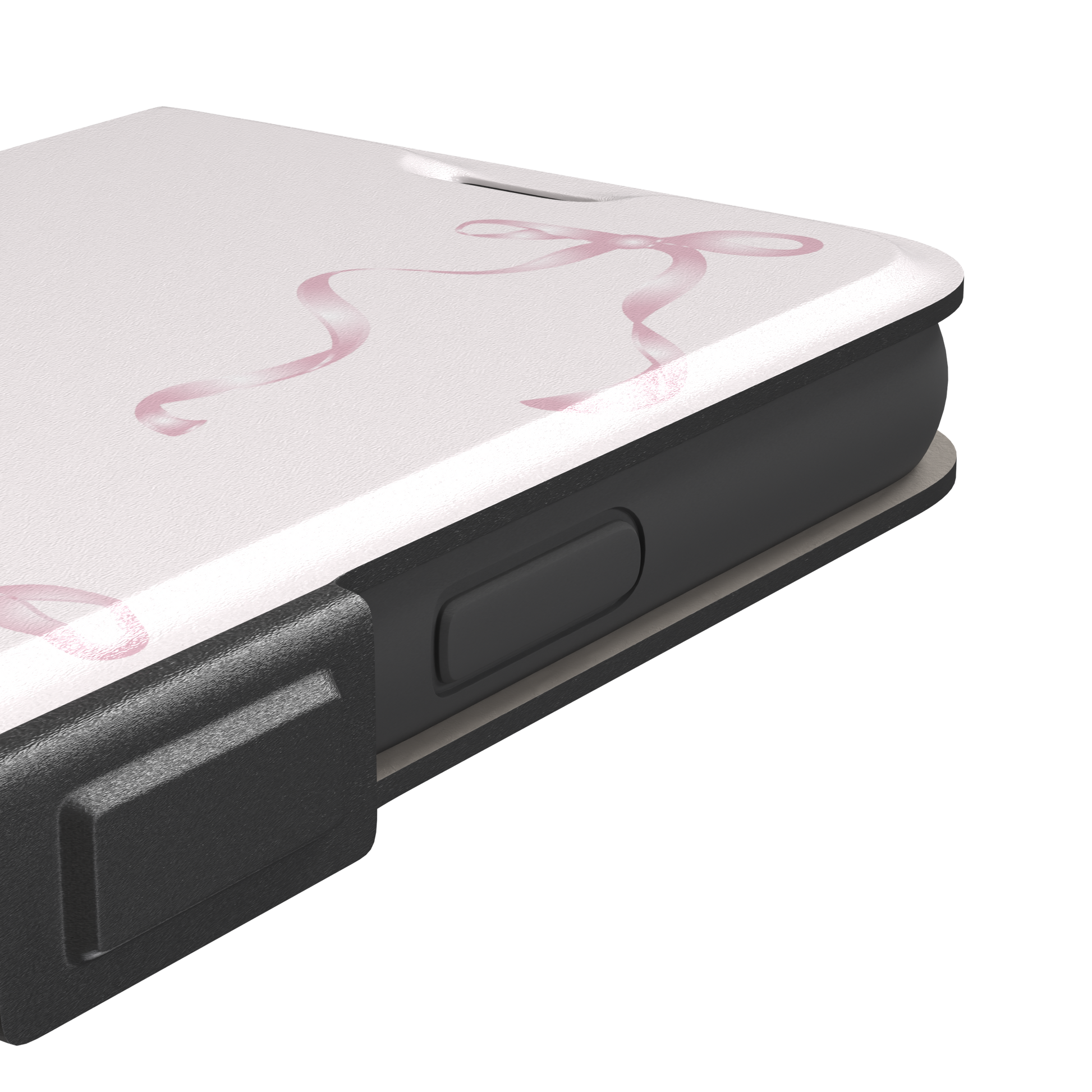 Bows phone case with scattered pink satin ribbon bows on a soft blush background, coquette style, phone case by Caselier — wallet case, volume buttons detail