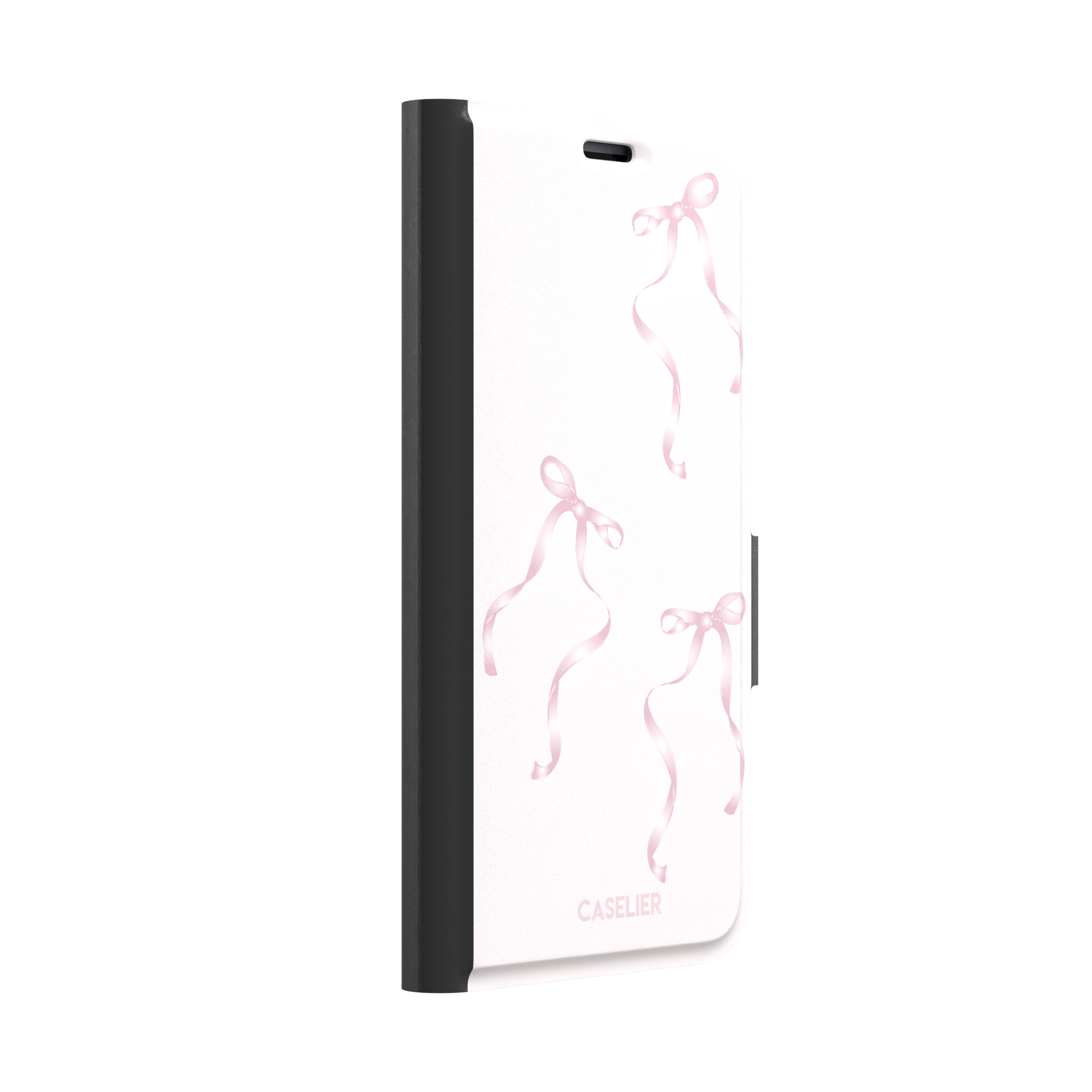 Bows phone case with scattered pink satin ribbon bows on a soft blush background, coquette style, phone case by Caselier — wallet case, left view