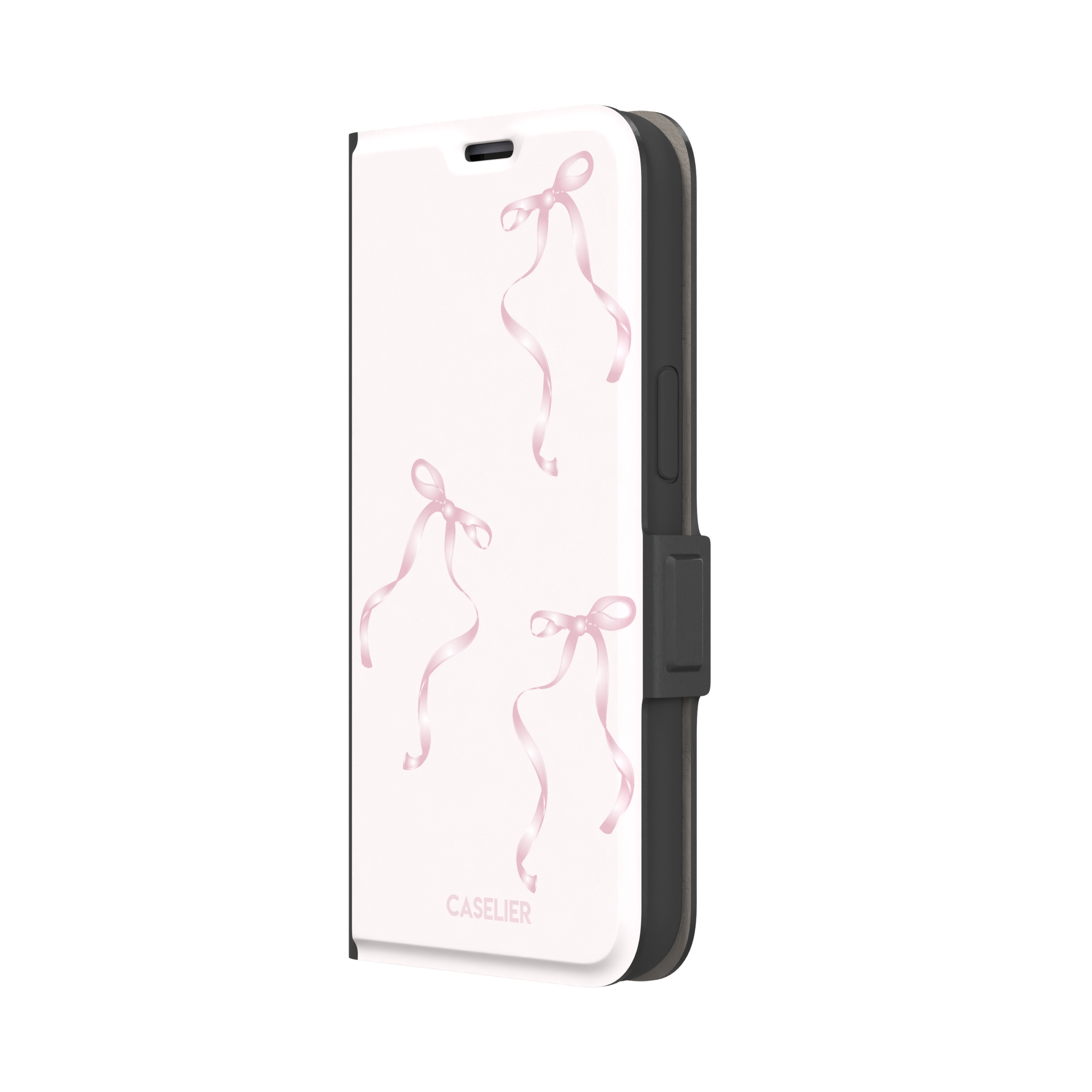 Bows phone case with scattered pink satin ribbon bows on a soft blush background, coquette style, phone case by Caselier — wallet case, right view