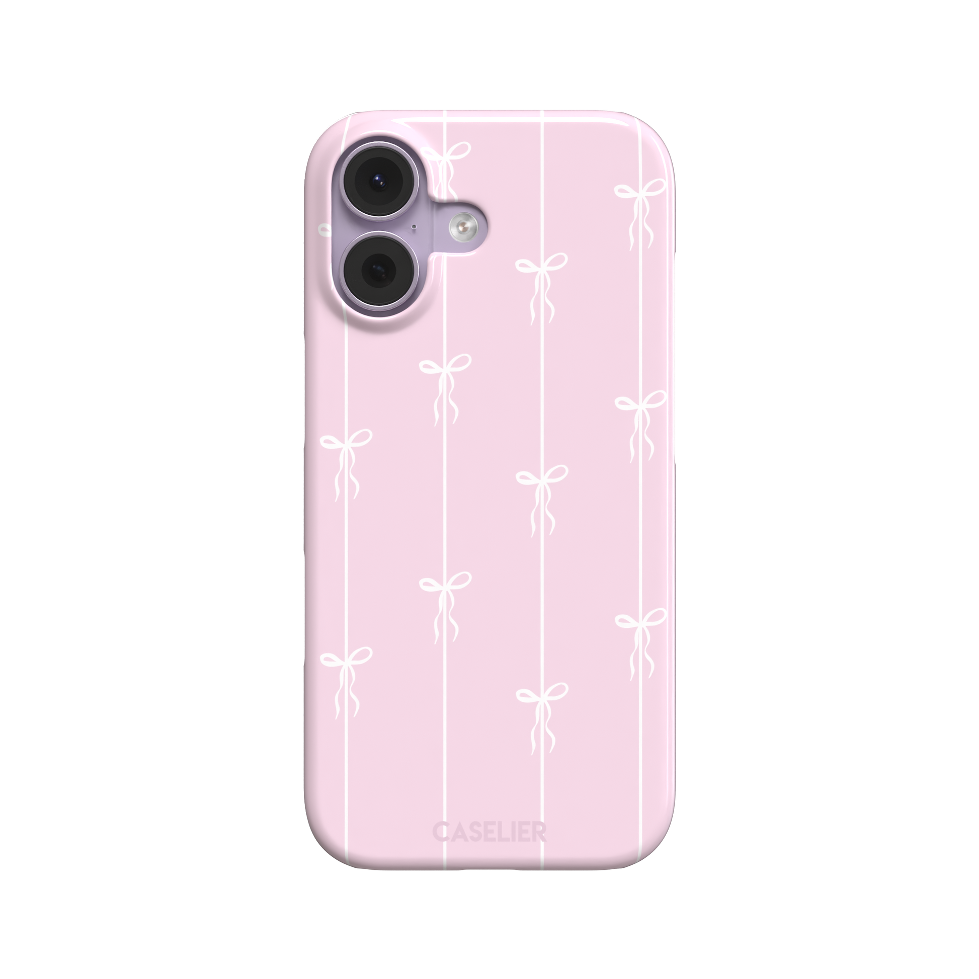 Bows on String phone case in pale pink with white bow and stripe repeat pattern, phone case by Caselier — snap case, front view