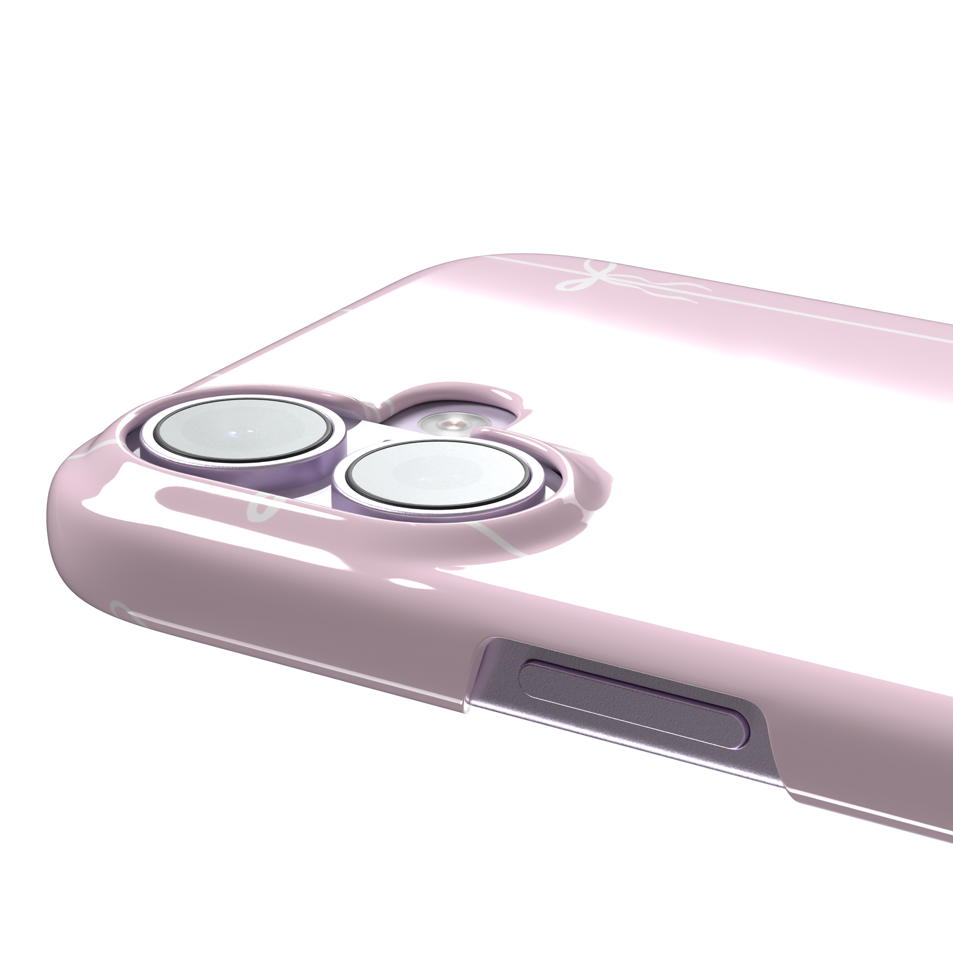 Bows on String phone case in pale pink with white bow and stripe repeat pattern, phone case by Caselier — snap case, volume buttons detail