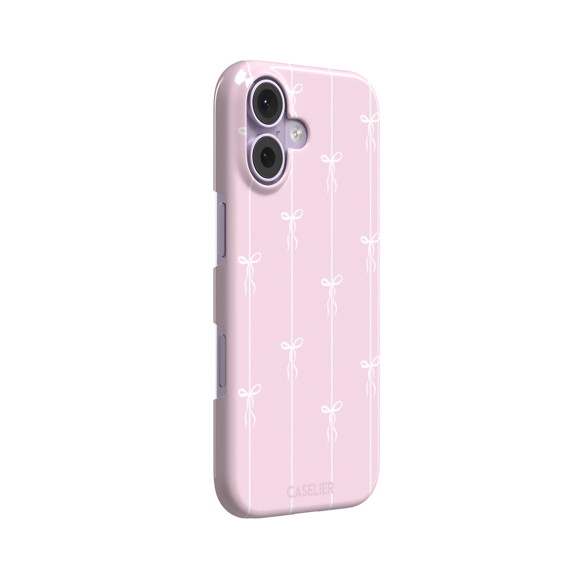 Bows on String phone case in pale pink with white bow and stripe repeat pattern, phone case by Caselier — snap case, left view