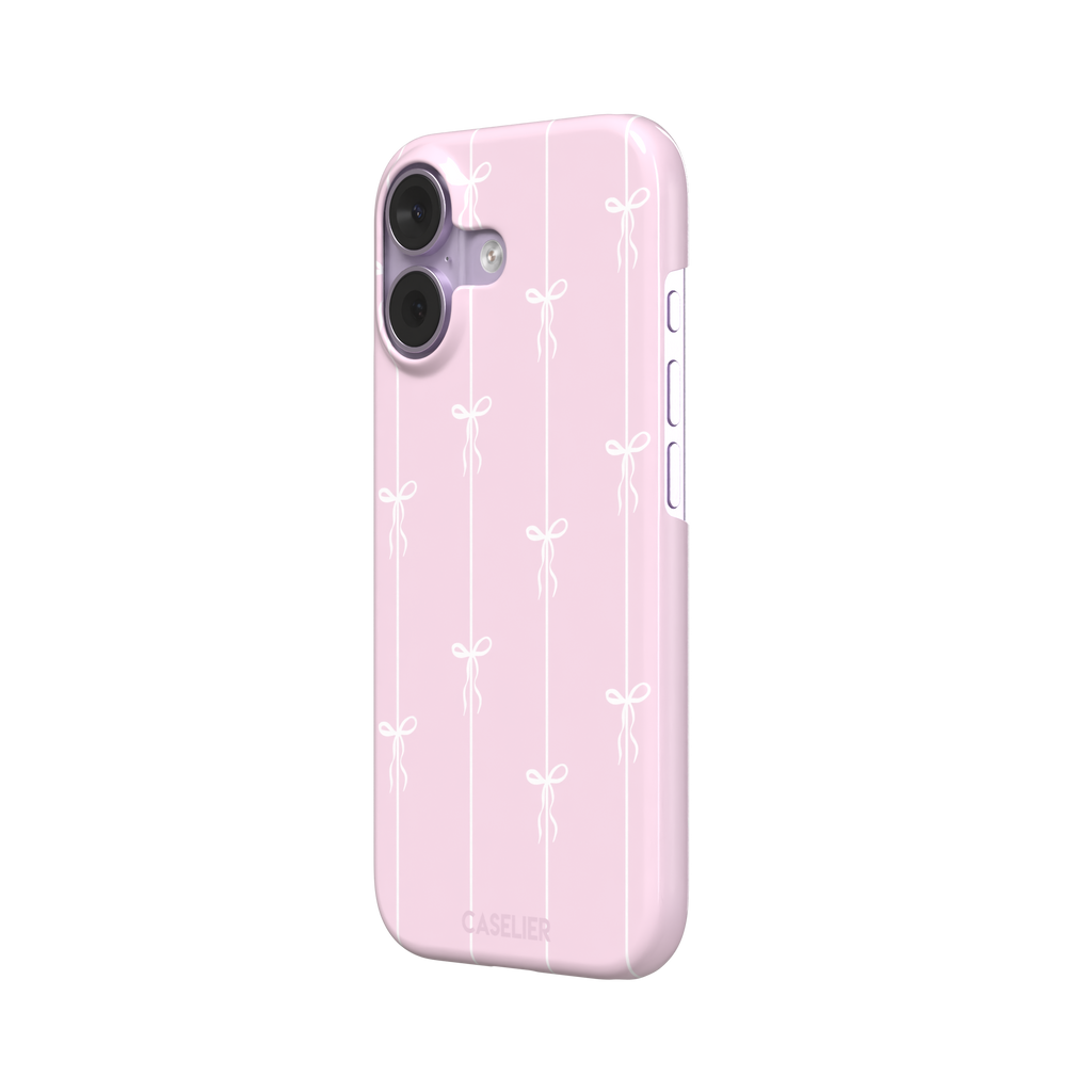 Bows on String phone case in pale pink with white bow and stripe repeat pattern, phone case by Caselier — snap case, right view