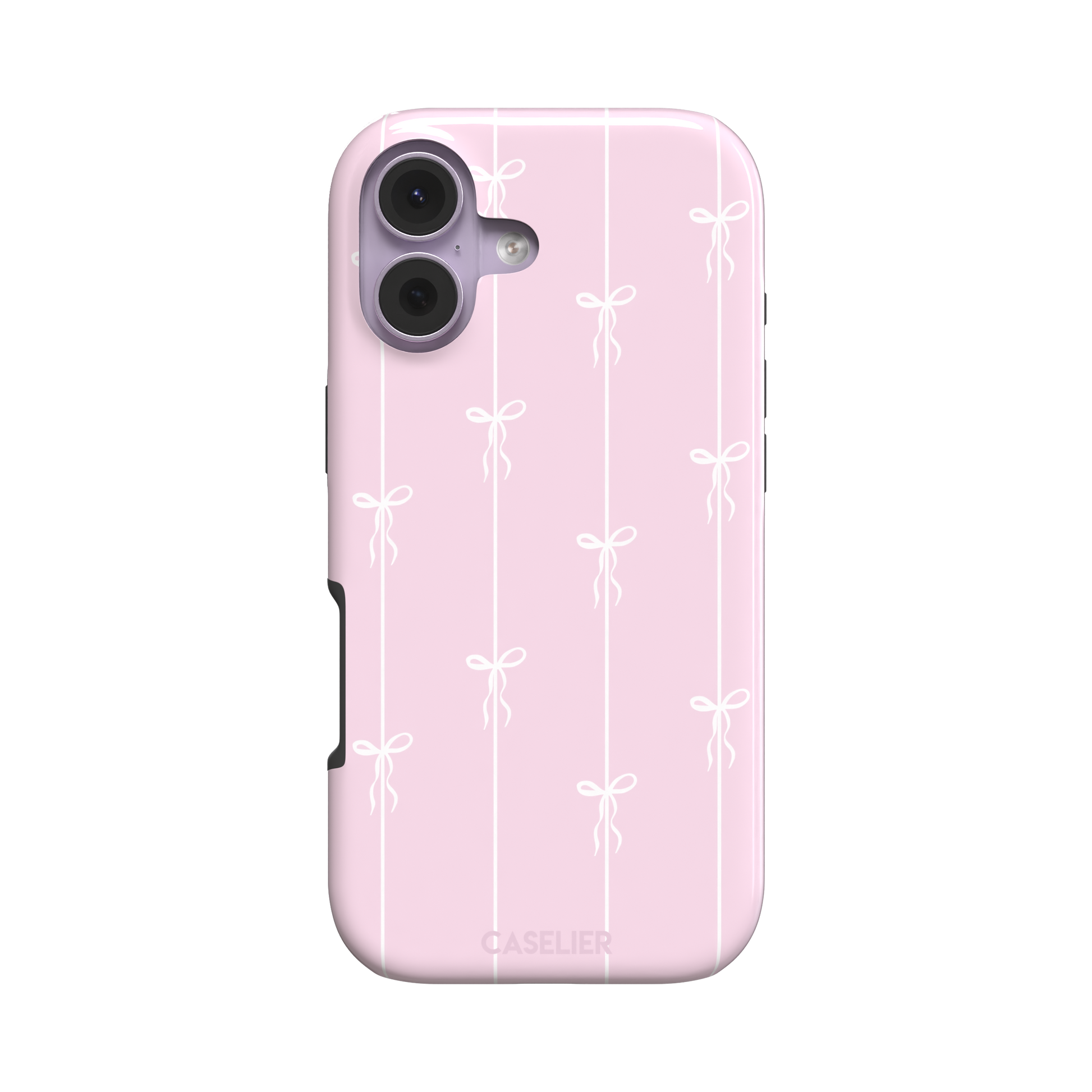 Bows on String phone case in pale pink with white bow and stripe repeat pattern, phone case by Caselier — tough case, front view