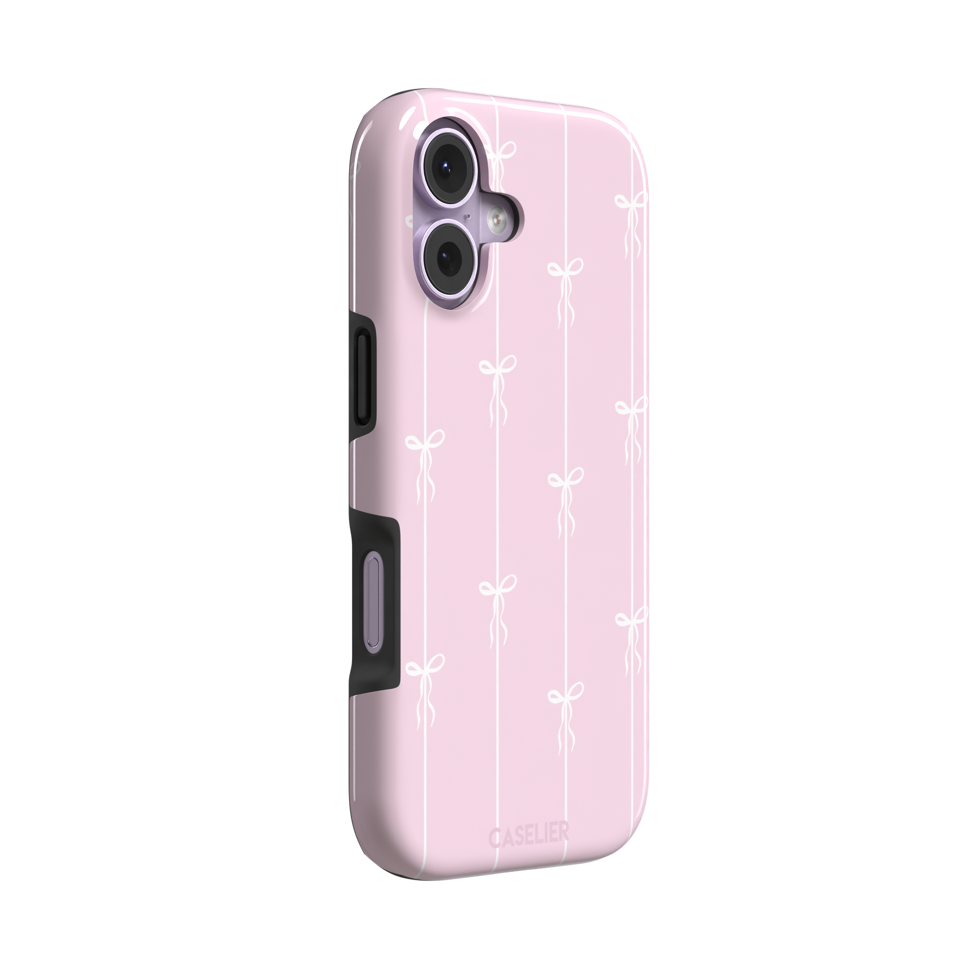 Bows on String phone case in pale pink with white bow and stripe repeat pattern, phone case by Caselier — tough case, left view