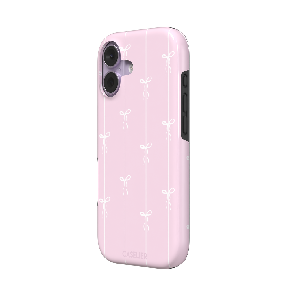 Bows on String phone case in pale pink with white bow and stripe repeat pattern, phone case by Caselier — tough case, right view