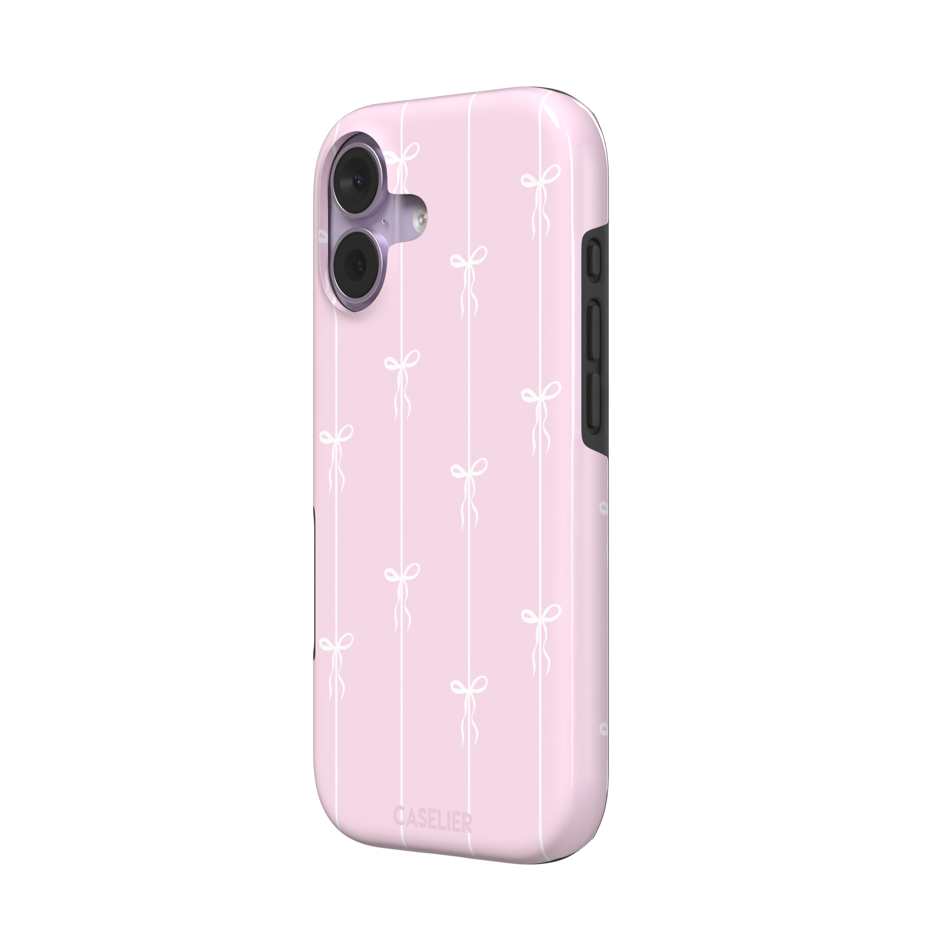 Bows on String phone case in pale pink with white bow and stripe repeat pattern, phone case by Caselier — tough case, right view