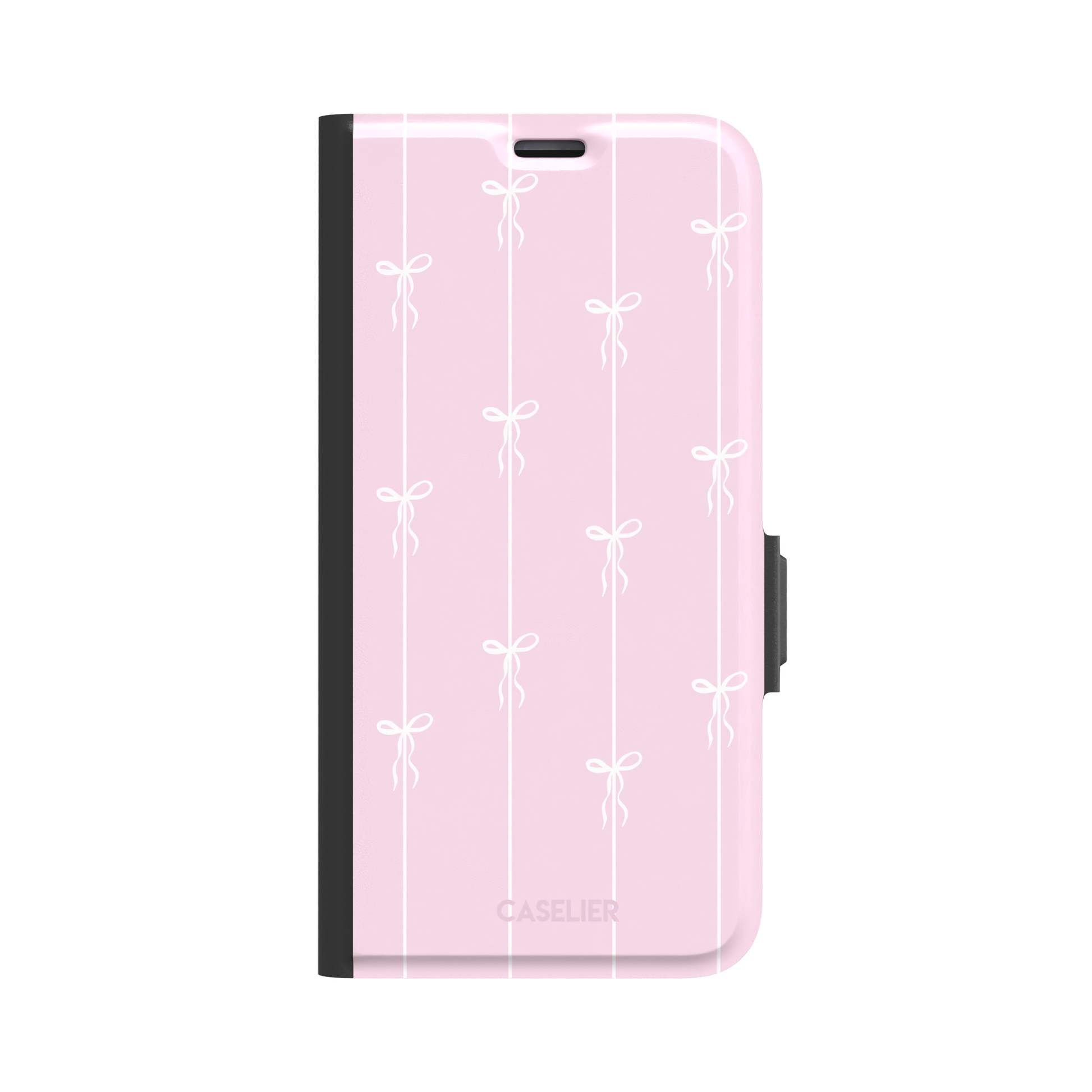 Bows on String phone case in pale pink with white bow and stripe repeat pattern, phone case by Caselier — wallet case, front view