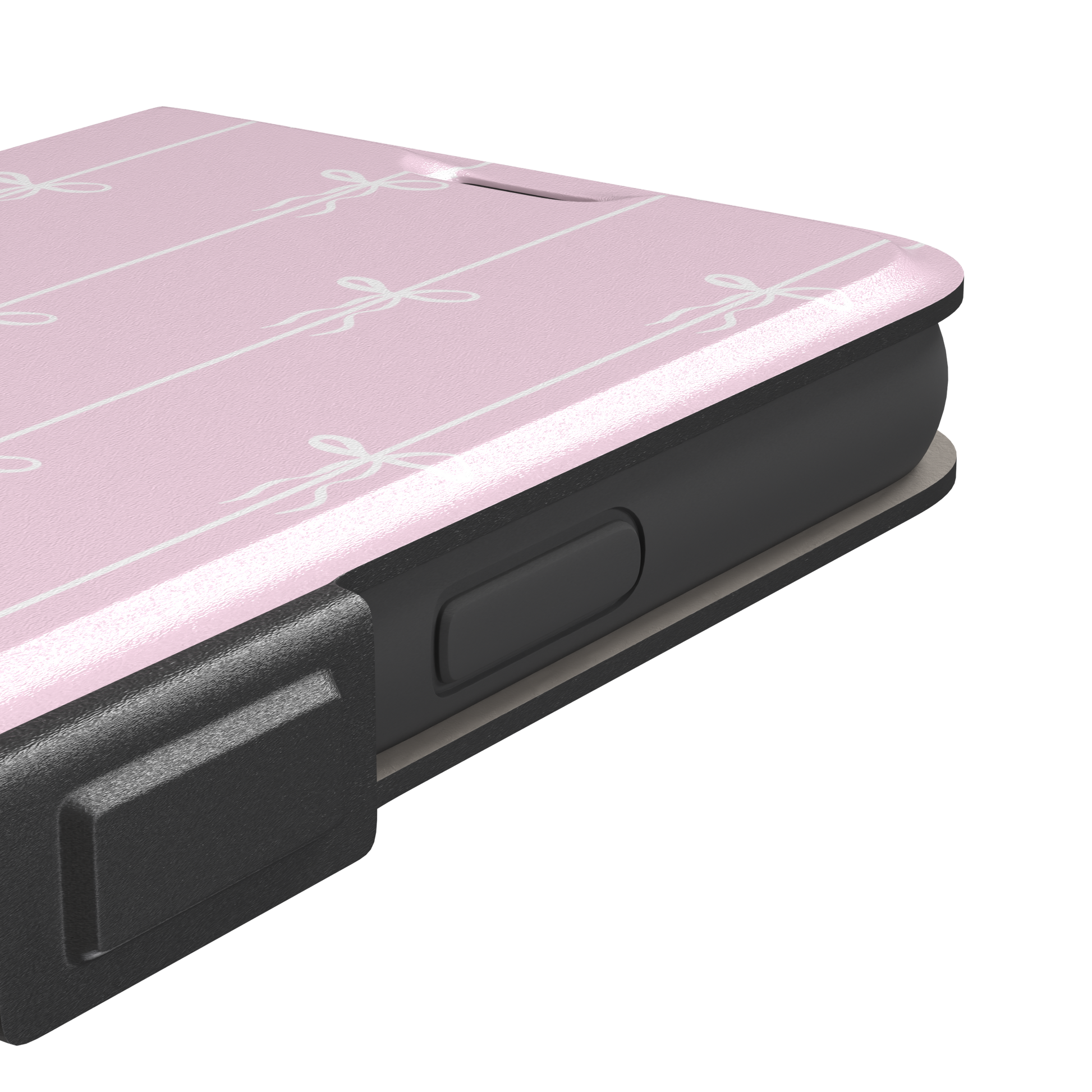 Bows on String phone case in pale pink with white bow and stripe repeat pattern, phone case by Caselier — wallet case, volume buttons detail