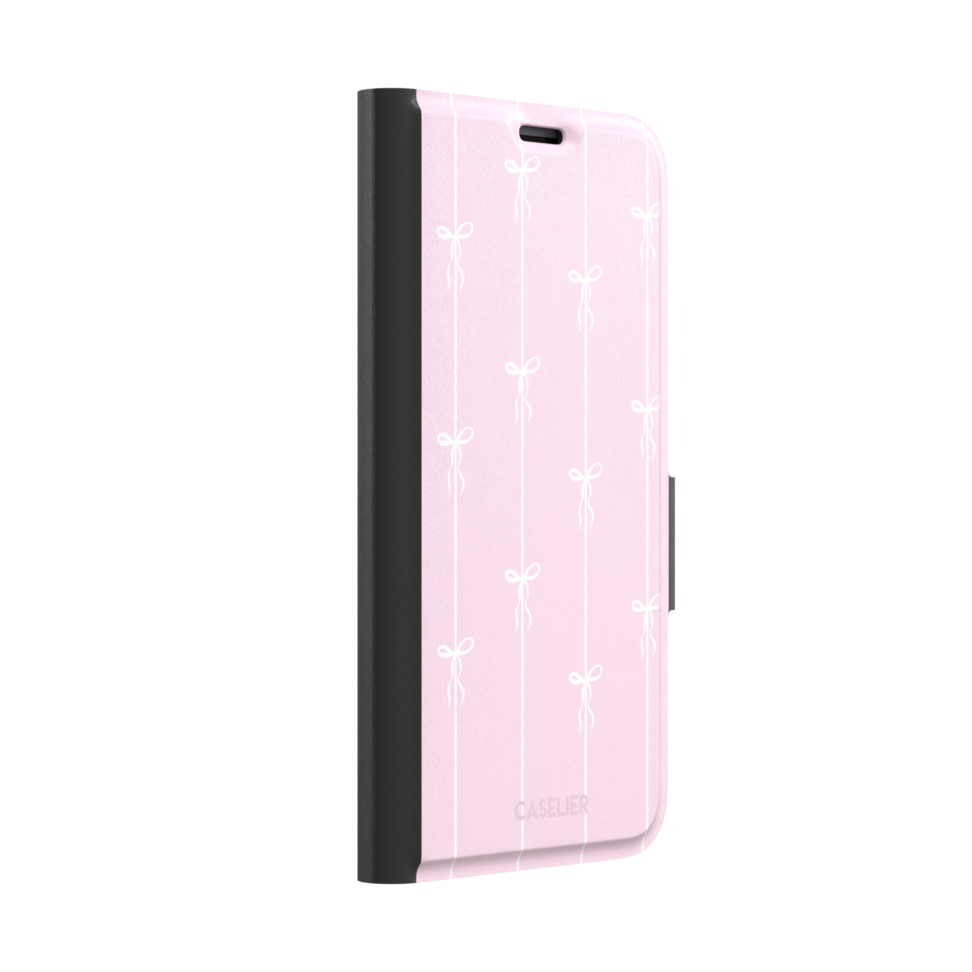 Bows on String phone case in pale pink with white bow and stripe repeat pattern, phone case by Caselier — wallet case, left view
