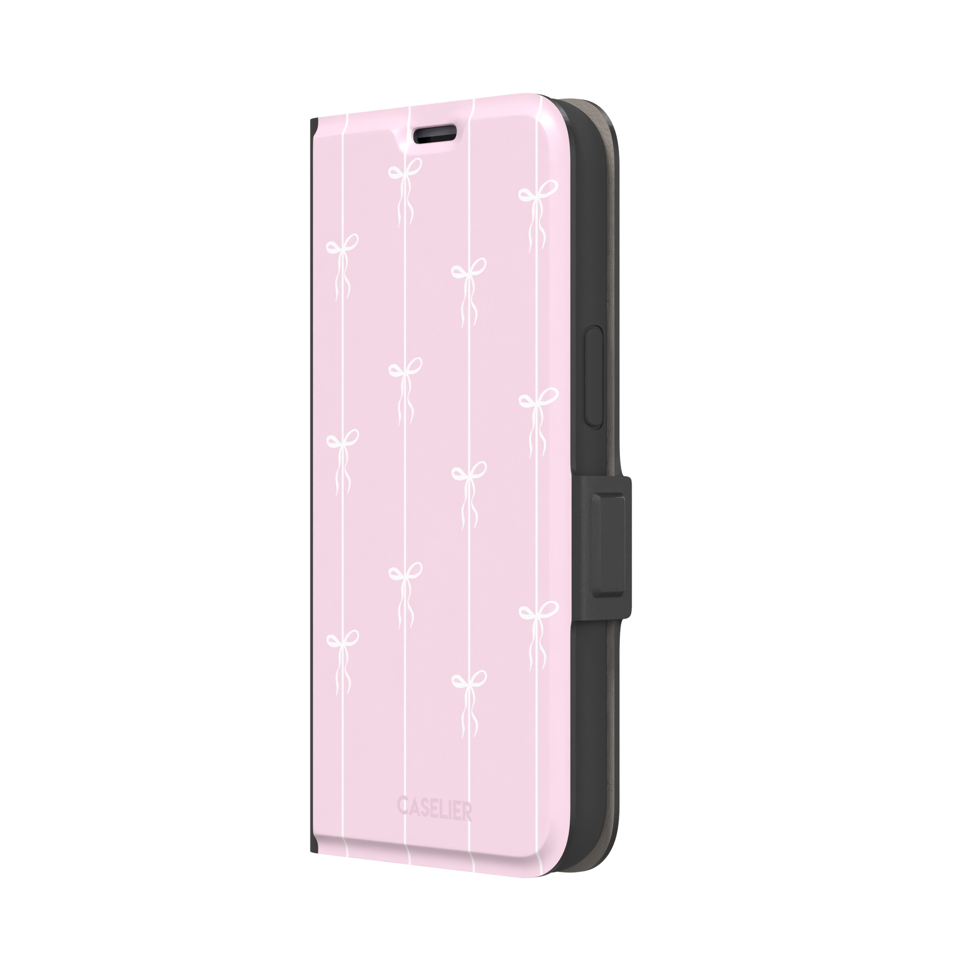 Bows on String phone case in pale pink with white bow and stripe repeat pattern, phone case by Caselier — wallet case, right view