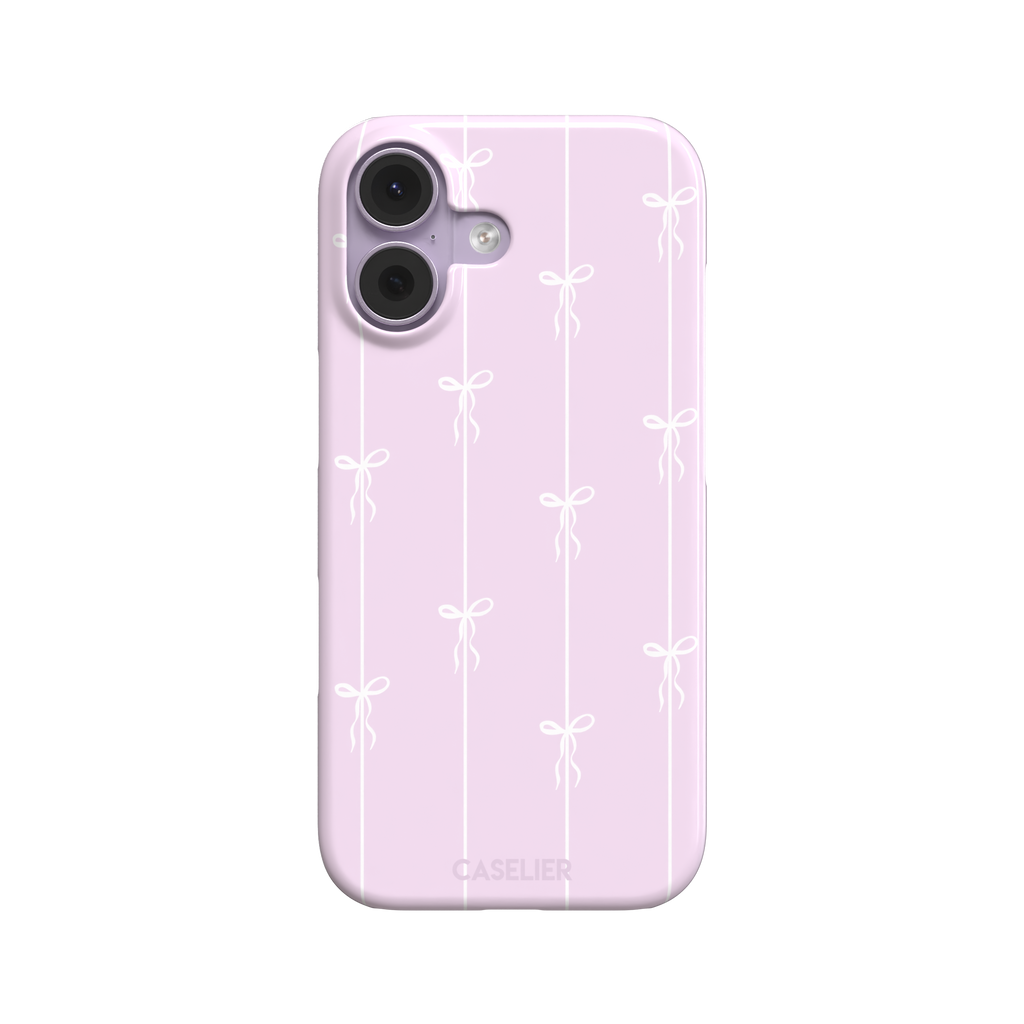 Bows on String phone case in soft lilac pink with white ribbon bows on vertical stripes, phone case by Caselier — snap case, front view