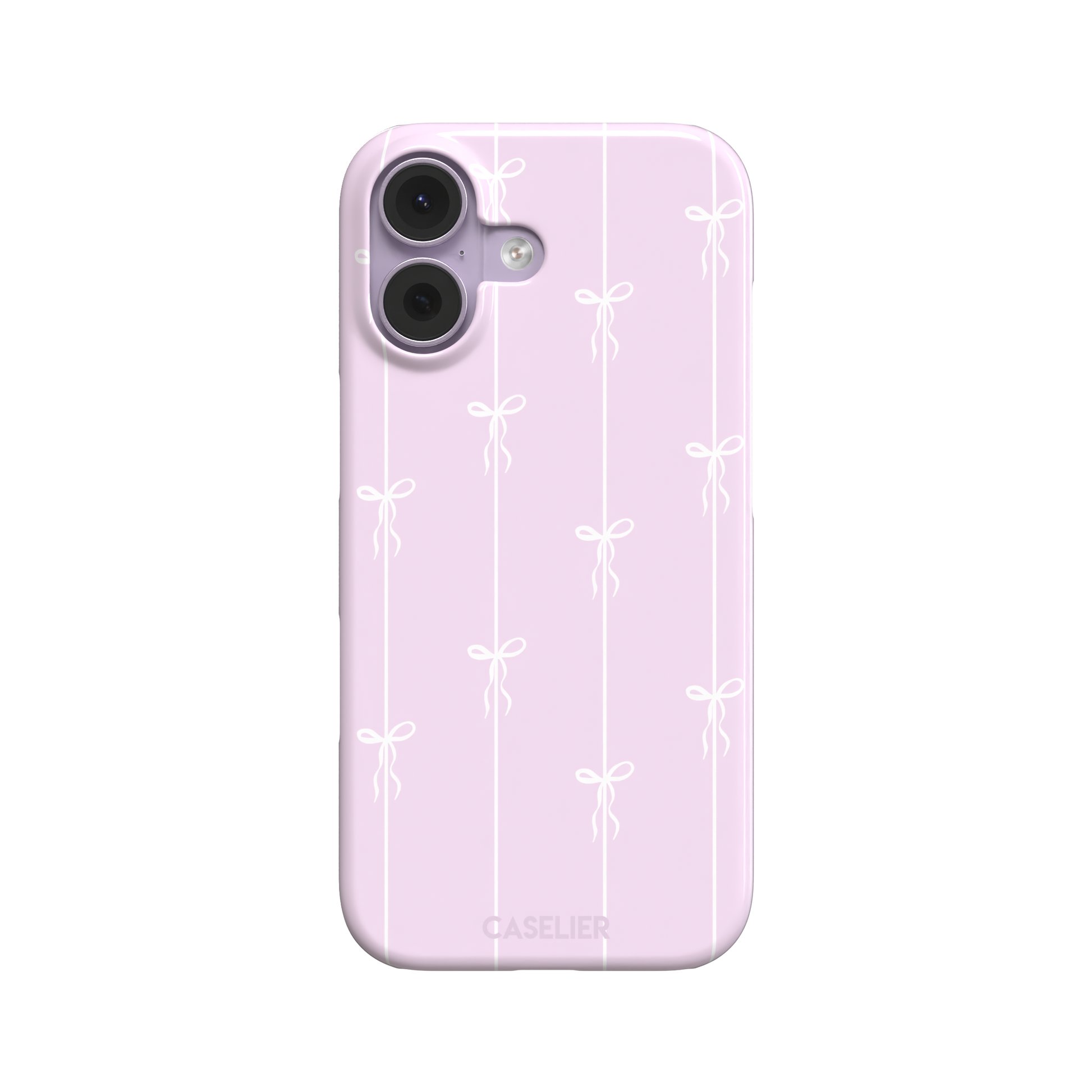 Bows on String phone case in soft lilac pink with white ribbon bows on vertical stripes, phone case by Caselier — snap case, front view