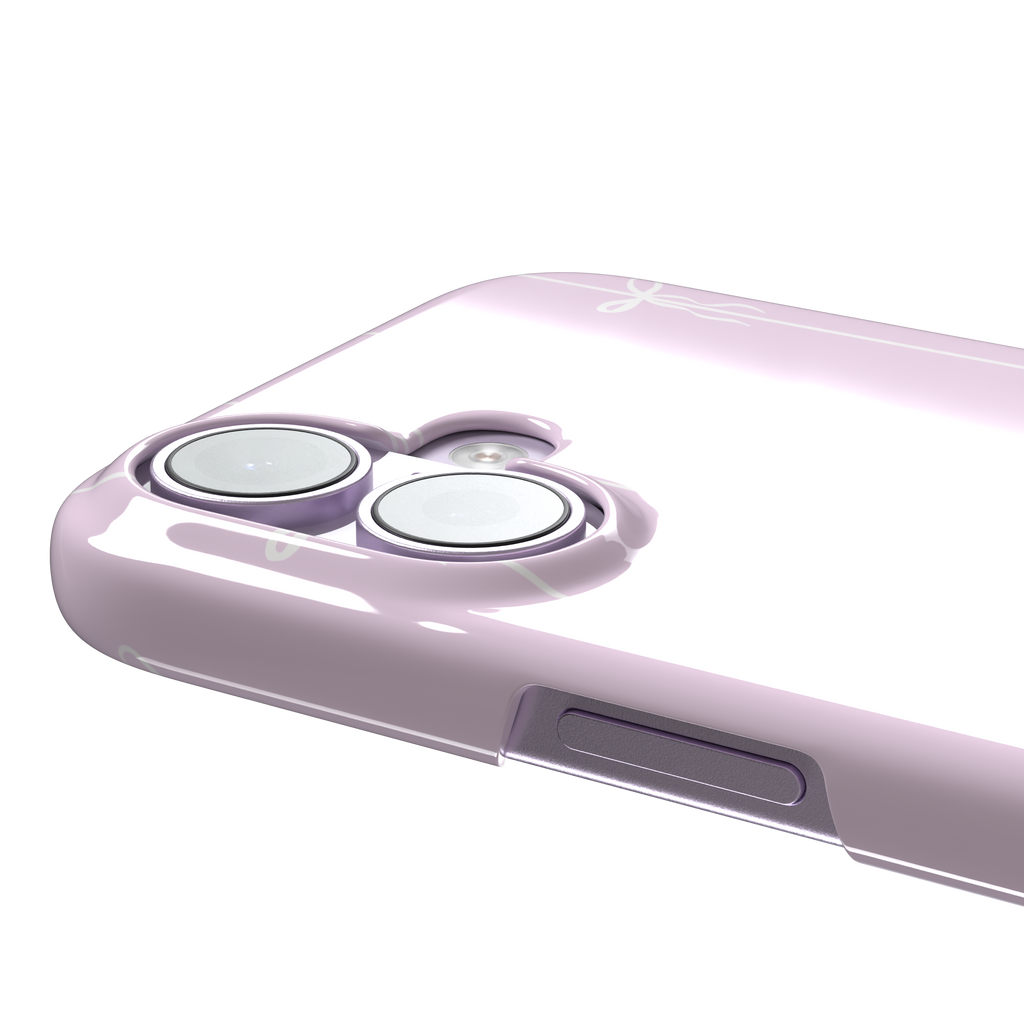 Bows on String phone case in soft lilac pink with white ribbon bows on vertical stripes, phone case by Caselier — snap case, volume buttons detail