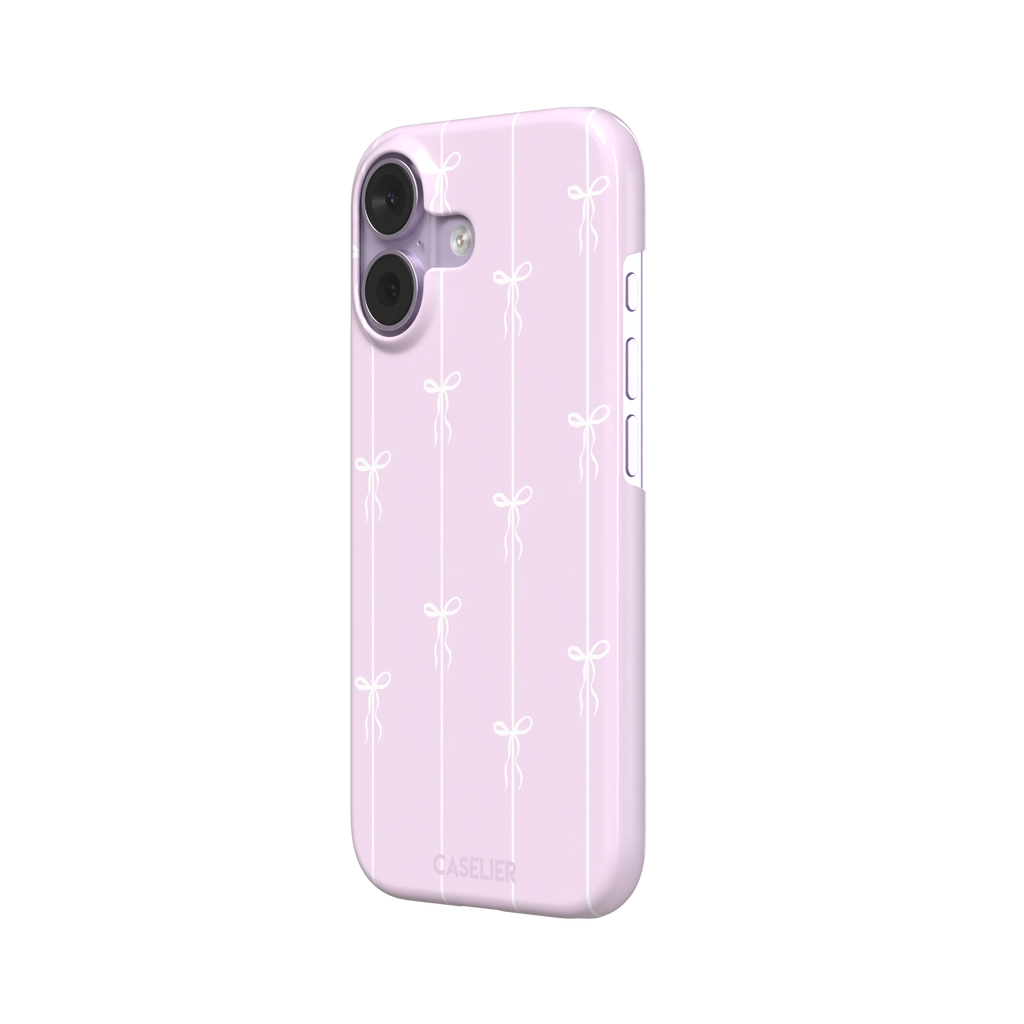Bows on String phone case in soft lilac pink with white ribbon bows on vertical stripes, phone case by Caselier — snap case, right view