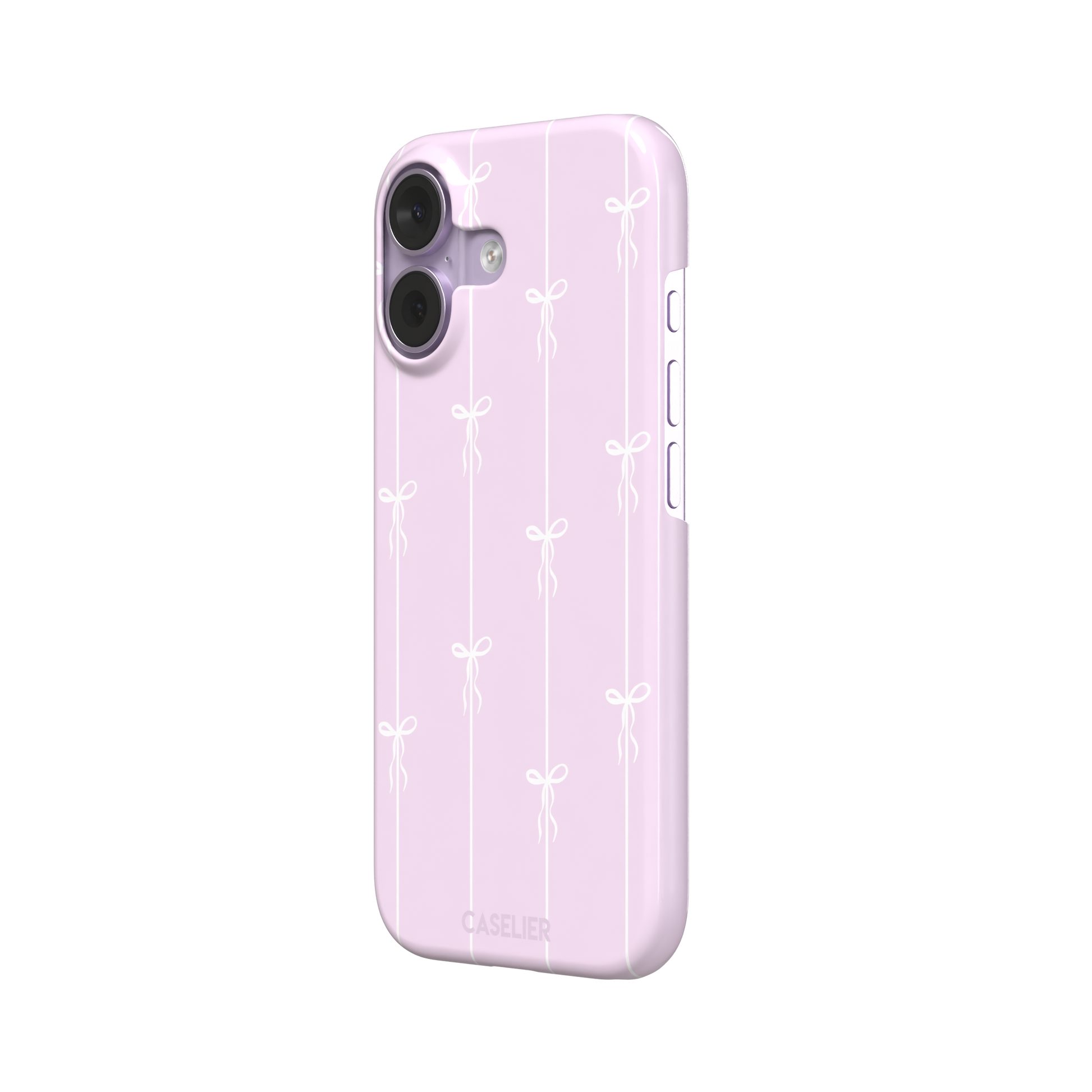 Bows on String phone case in soft lilac pink with white ribbon bows on vertical stripes, phone case by Caselier — snap case, right view