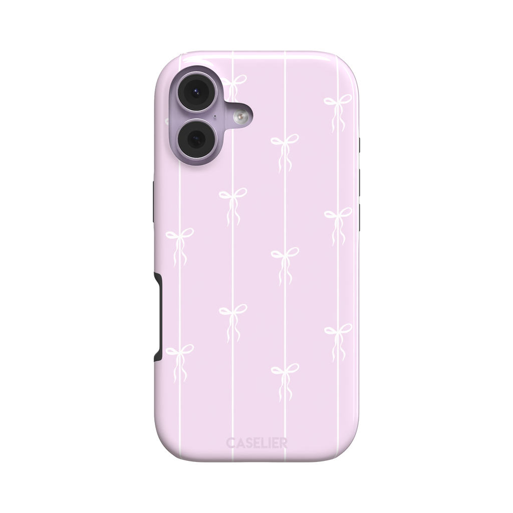 Bows on String phone case in soft lilac pink with white ribbon bows on vertical stripes, phone case by Caselier — tough case, front view