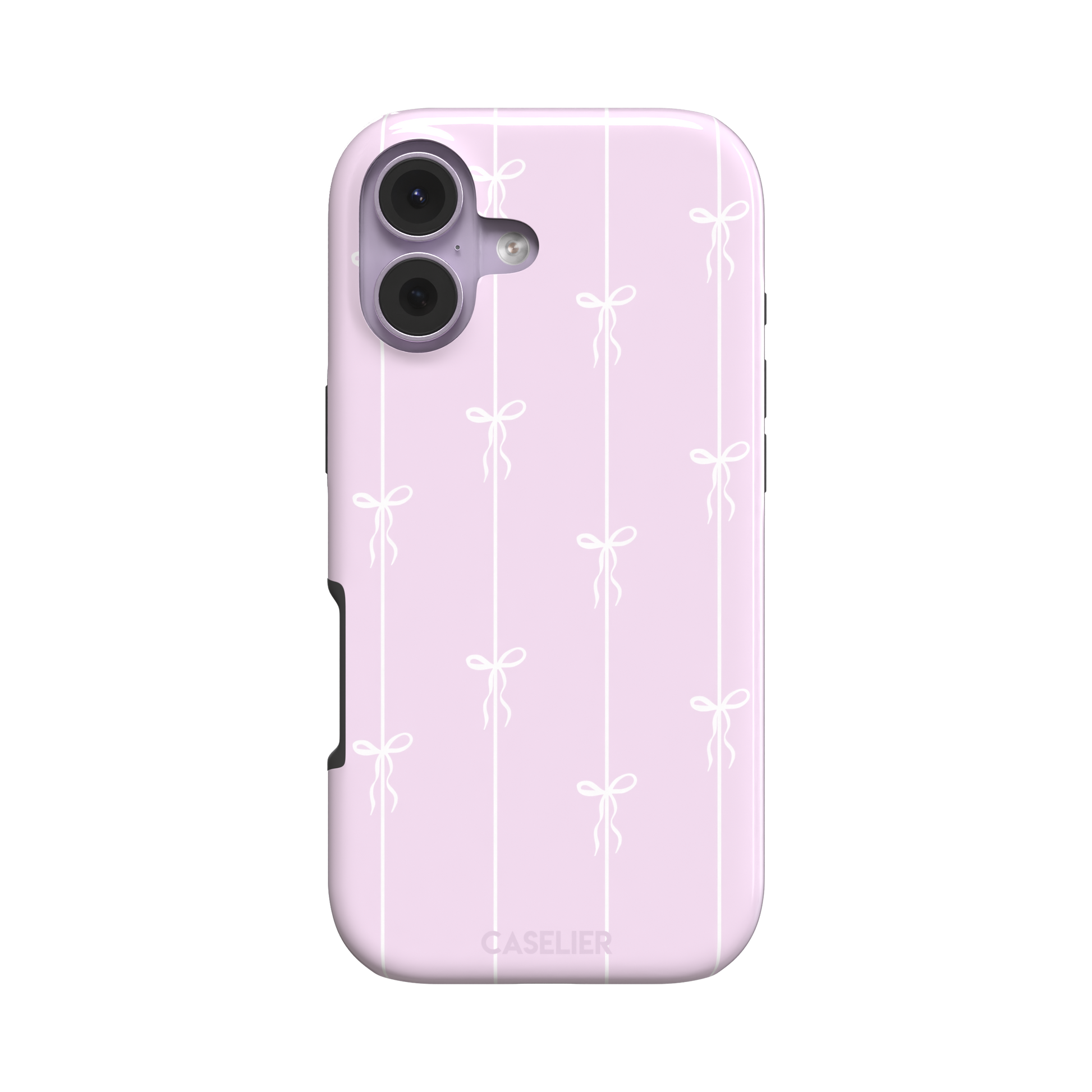 Bows on String phone case in soft lilac pink with white ribbon bows on vertical stripes, phone case by Caselier — tough case, front view