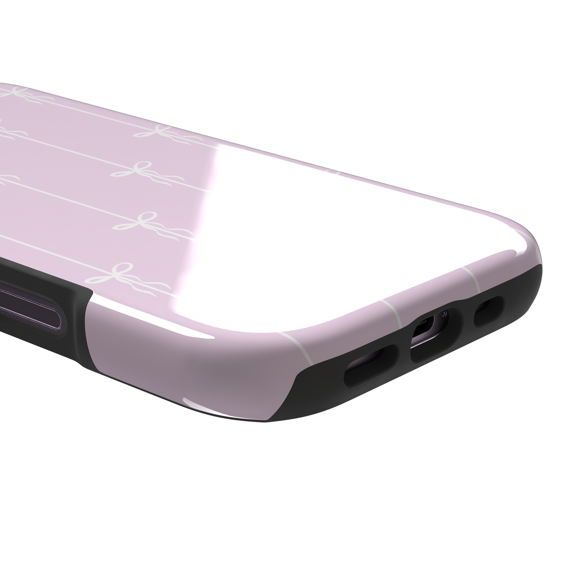 Bows on String phone case in soft lilac pink with white ribbon bows on vertical stripes, phone case by Caselier — tough case, charging port detail