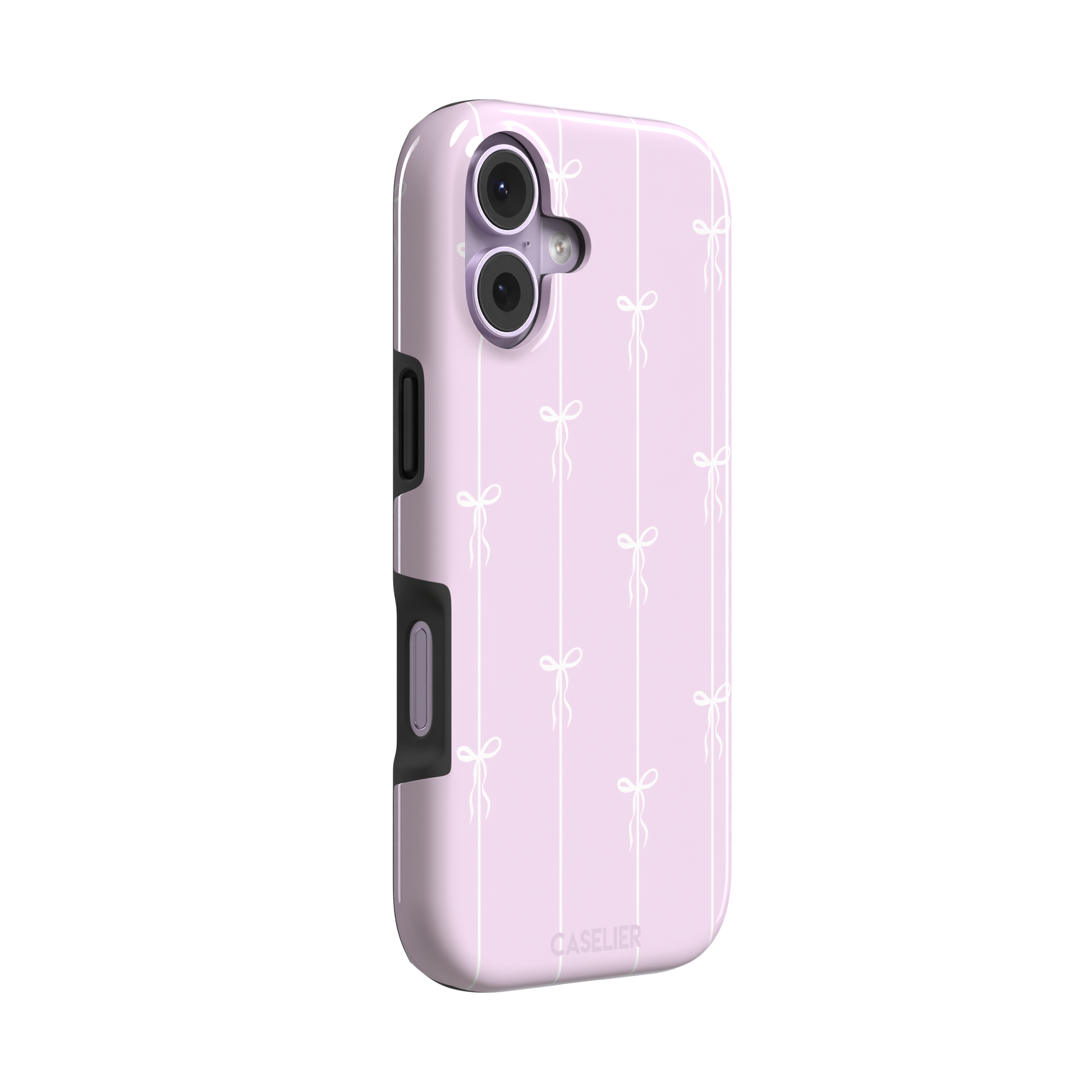 Bows on String phone case in soft lilac pink with white ribbon bows on vertical stripes, phone case by Caselier — tough case, left view