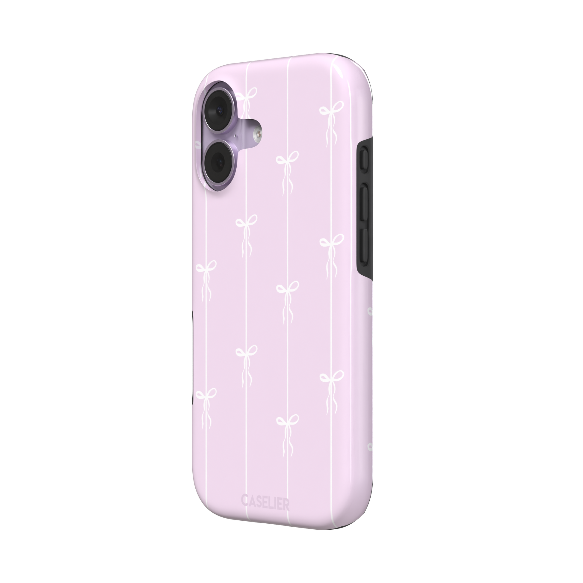Bows on String phone case in soft lilac pink with white ribbon bows on vertical stripes, phone case by Caselier — tough case, right view