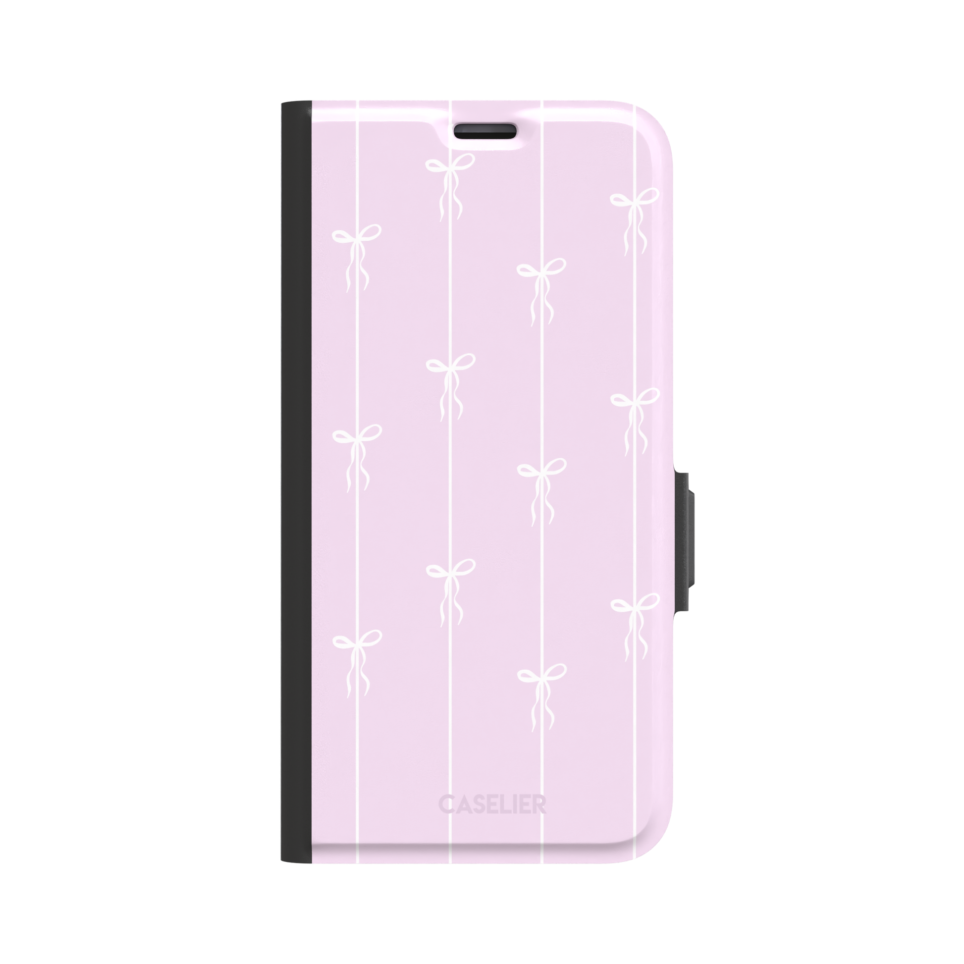 Bows on String phone case in soft lilac pink with white ribbon bows on vertical stripes, phone case by Caselier — wallet case, front view