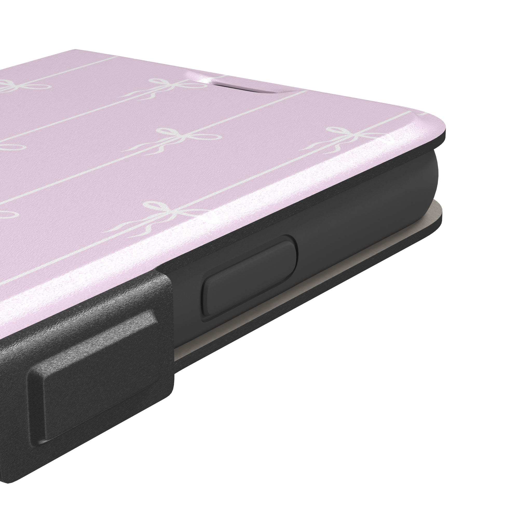 Bows on String phone case in soft lilac pink with white ribbon bows on vertical stripes, phone case by Caselier — wallet case, volume buttons detail