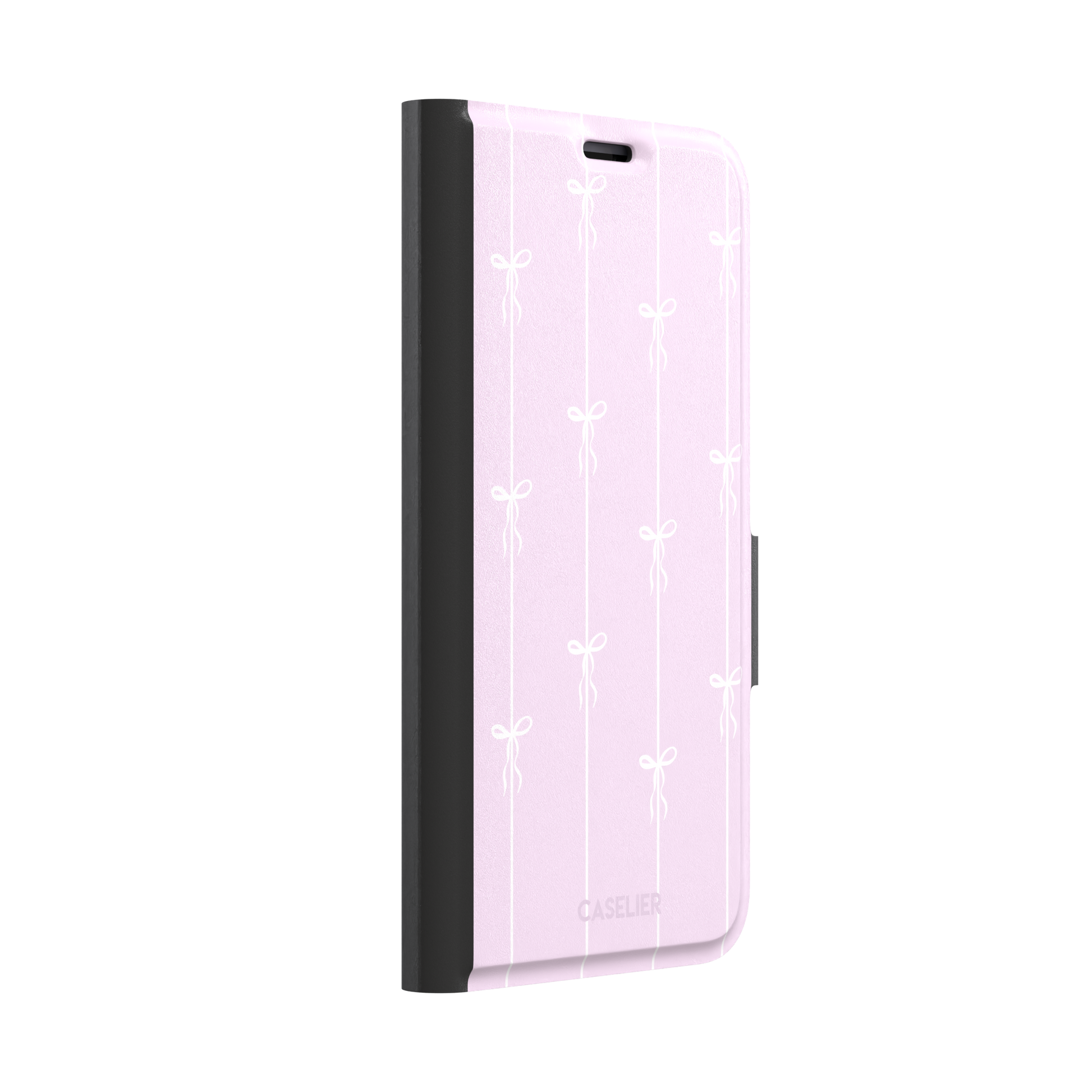 Bows on String phone case in soft lilac pink with white ribbon bows on vertical stripes, phone case by Caselier — wallet case, left view