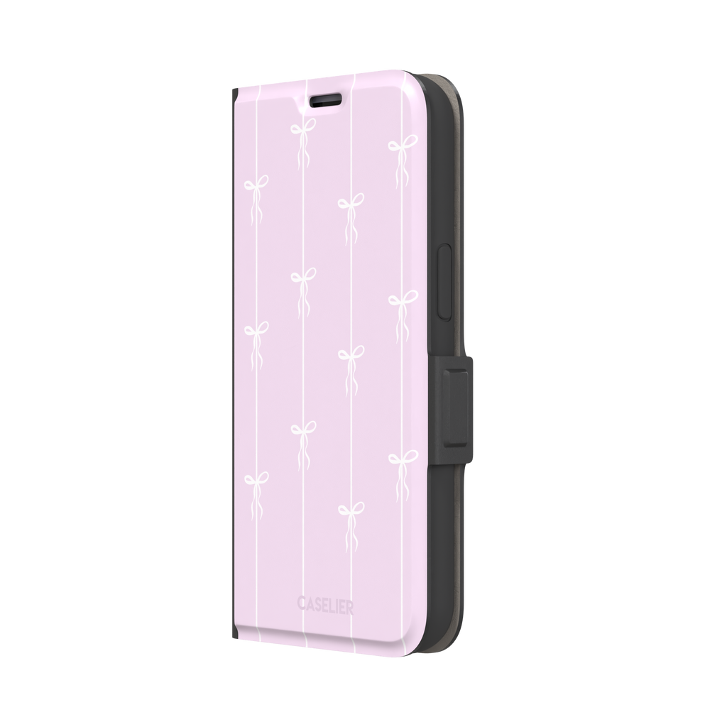 Bows on String phone case in soft lilac pink with white ribbon bows on vertical stripes, phone case by Caselier — wallet case, right view