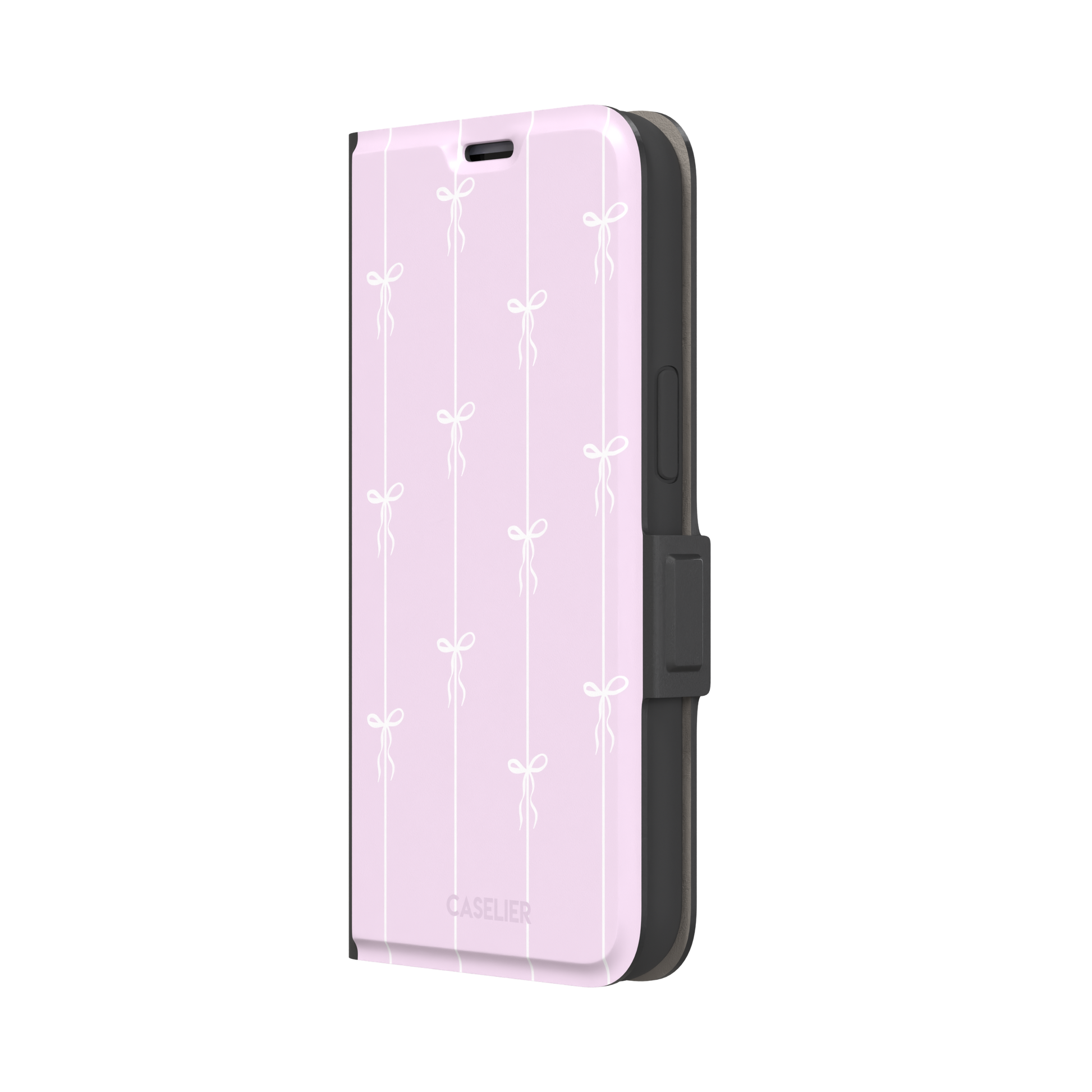 Bows on String phone case in soft lilac pink with white ribbon bows on vertical stripes, phone case by Caselier — wallet case, right view