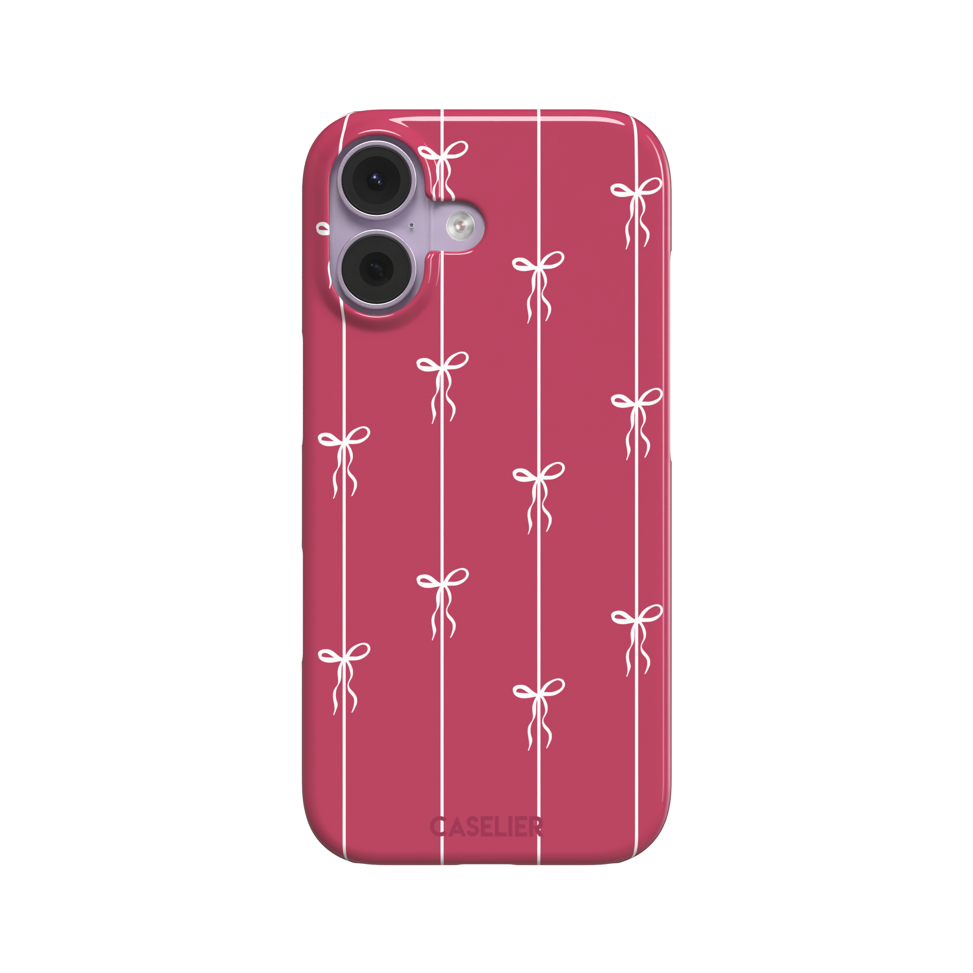 Bows on String phone case in raspberry pink with white ribbon bows tied along vertical stripes, phone case by Caselier — snap case, front view