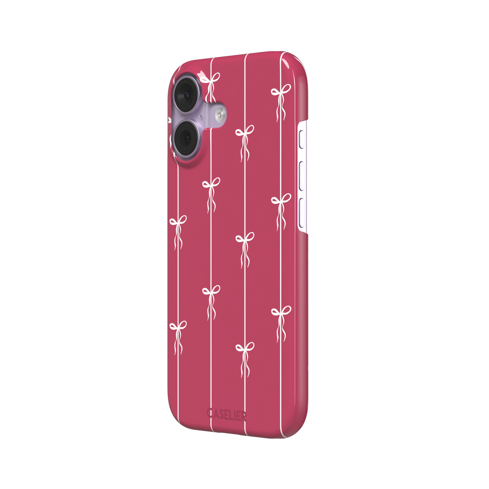 Bows on String phone case in raspberry pink with white ribbon bows tied along vertical stripes, phone case by Caselier — snap case, right view