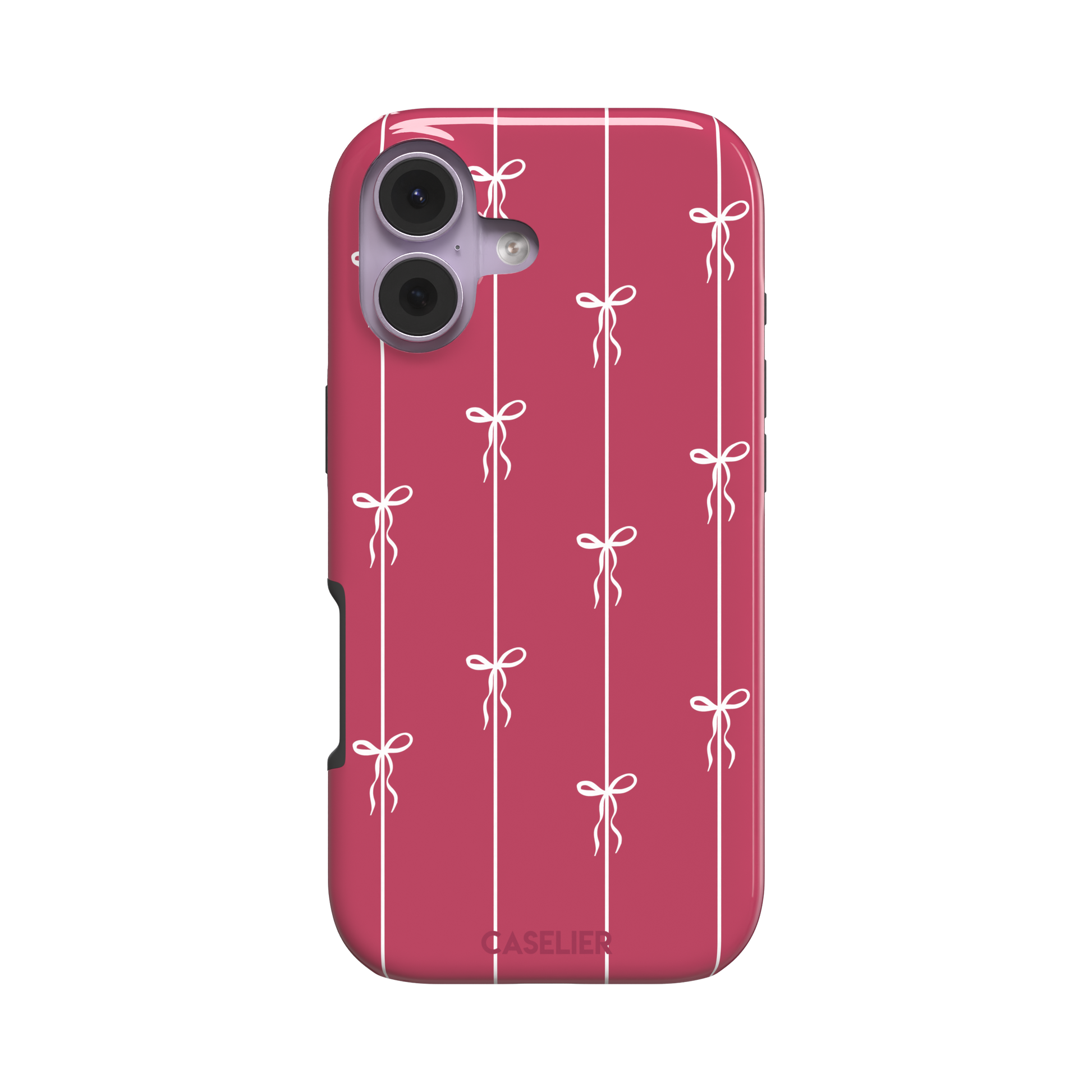 Bows on String phone case in raspberry pink with white ribbon bows tied along vertical stripes, phone case by Caselier — tough case, front view