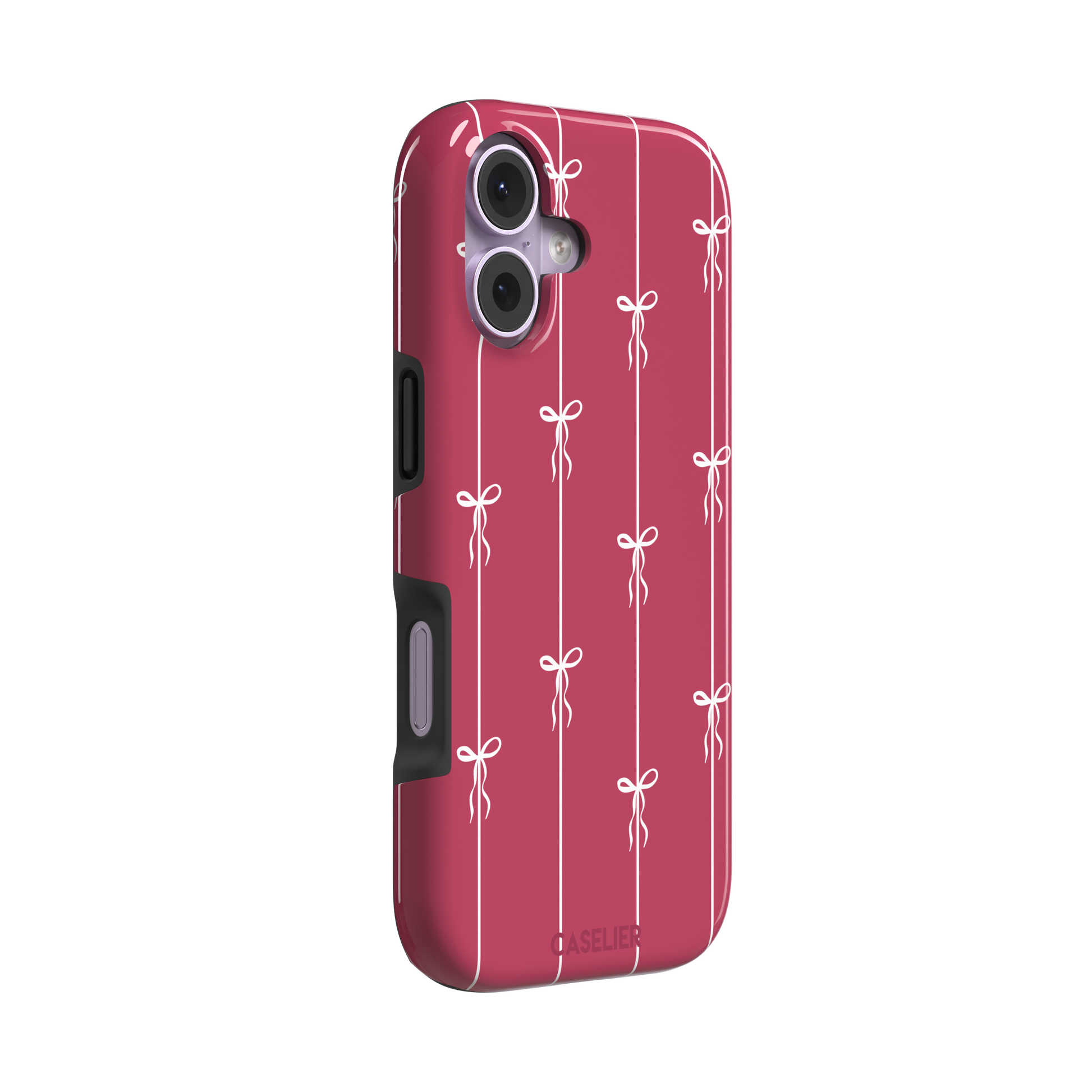 Bows on String phone case in raspberry pink with white ribbon bows tied along vertical stripes, phone case by Caselier — tough case, left view