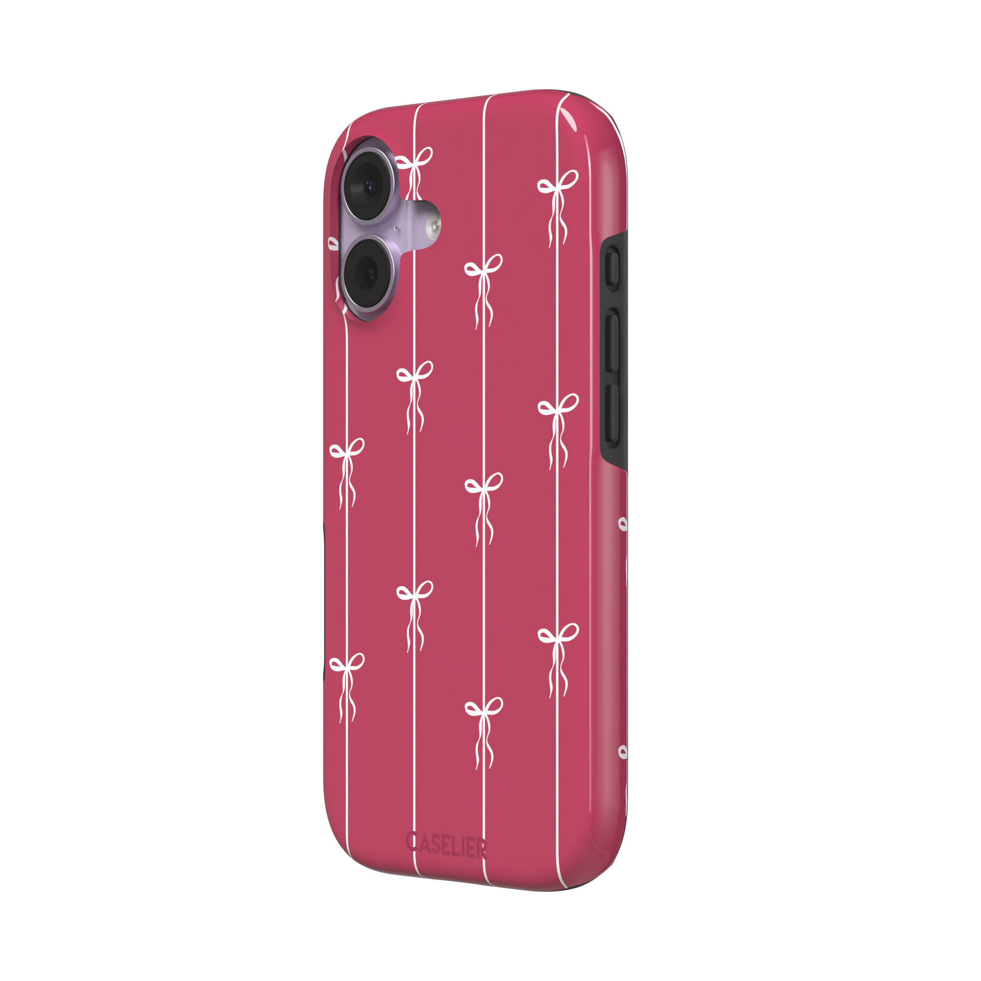 Bows on String phone case in raspberry pink with white ribbon bows tied along vertical stripes, phone case by Caselier — tough case, right view