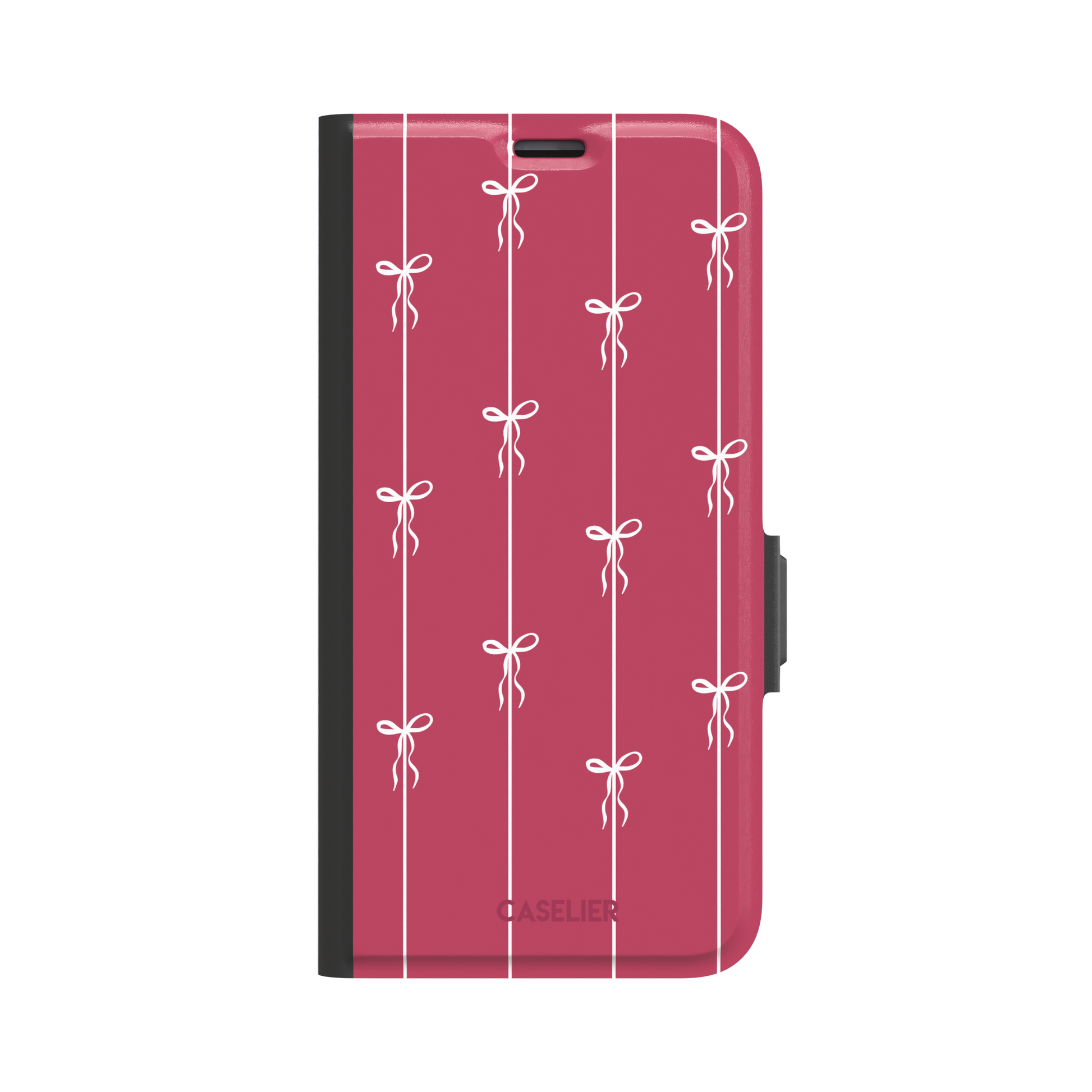 Bows on String phone case in raspberry pink with white ribbon bows tied along vertical stripes, phone case by Caselier — wallet case, front view