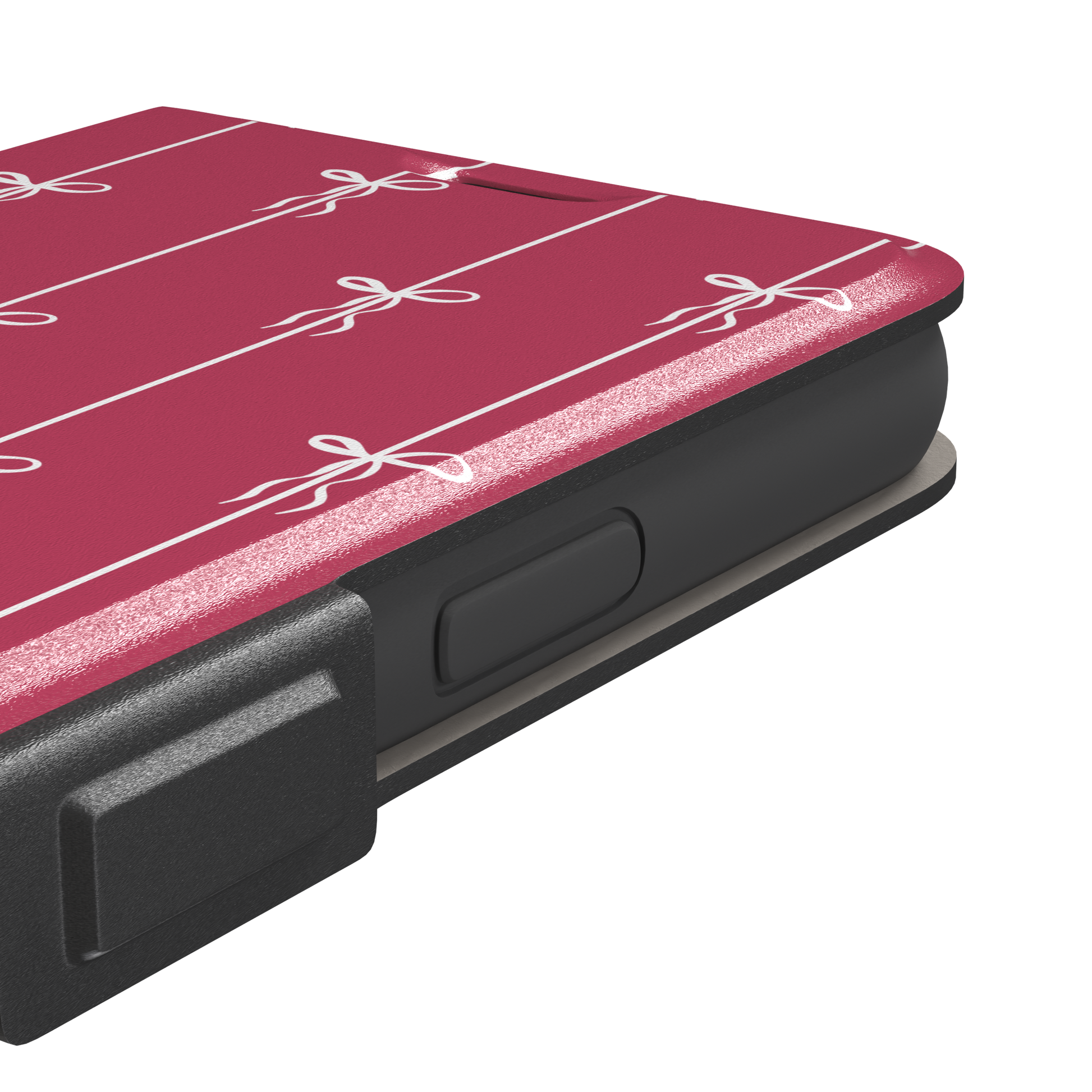 Bows on String phone case in raspberry pink with white ribbon bows tied along vertical stripes, phone case by Caselier — wallet case, volume buttons detail