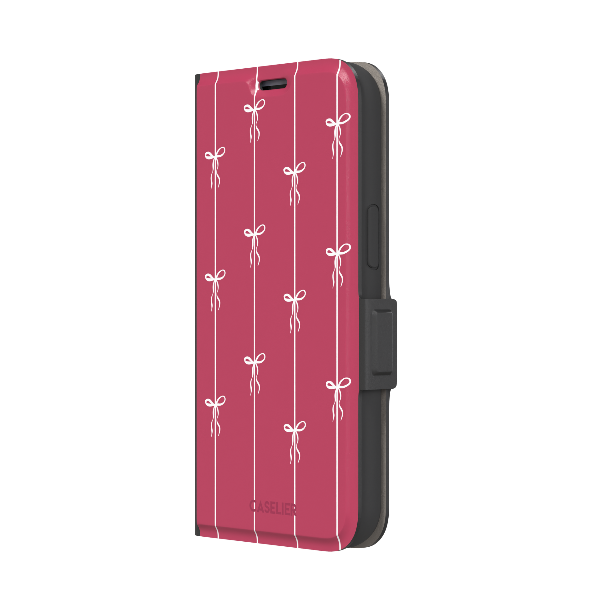 Bows on String phone case in raspberry pink with white ribbon bows tied along vertical stripes, phone case by Caselier — wallet case, right view