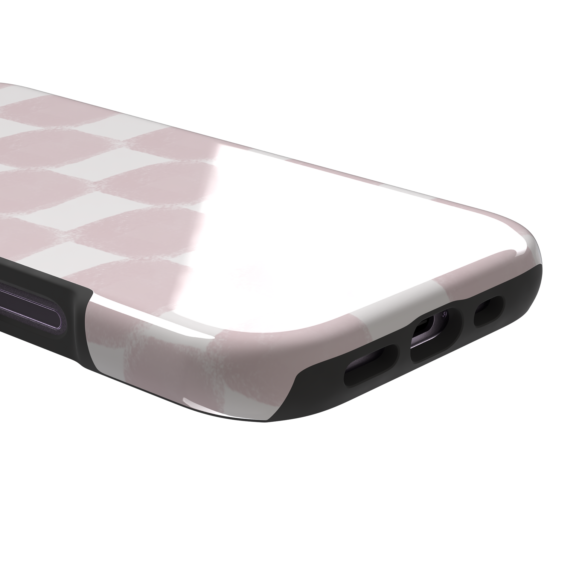 Bricks phone case in dusty pink and white hand-painted checkerboard pattern, phone case by Caselier — tough case, charging port detail