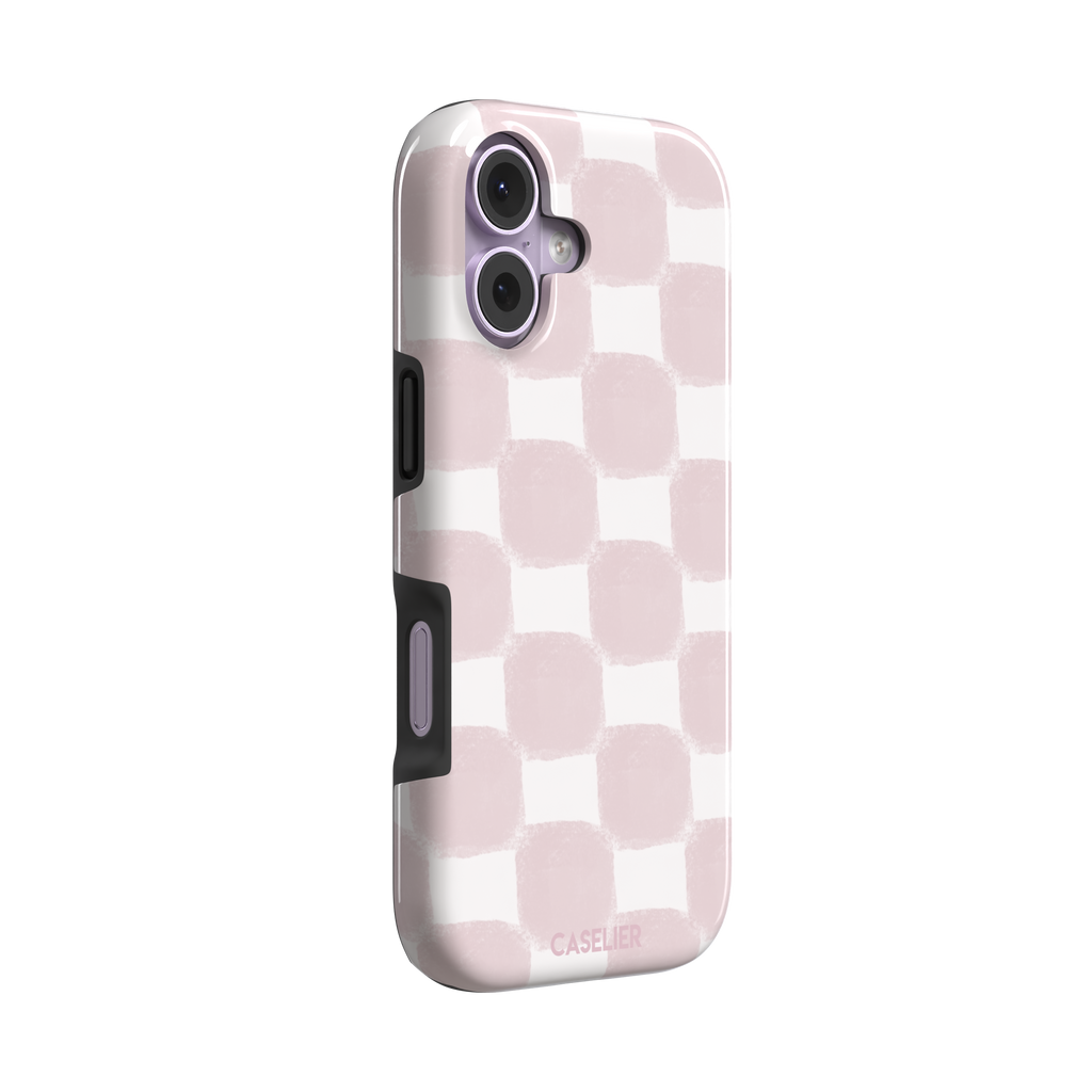 Bricks phone case in dusty pink and white hand-painted checkerboard pattern, phone case by Caselier — tough case, left view