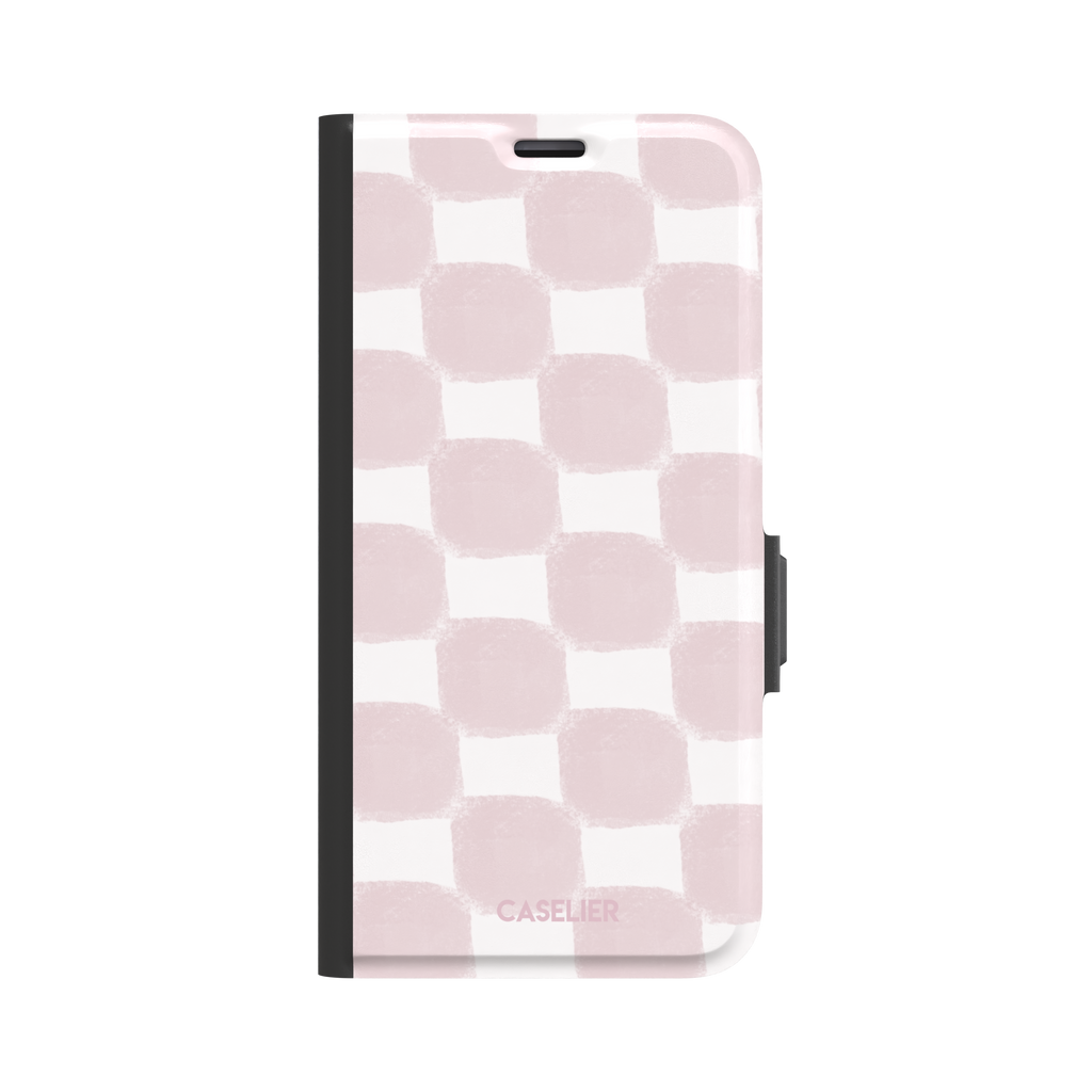 Bricks phone case in dusty pink and white hand-painted checkerboard pattern, phone case by Caselier — wallet case, front view