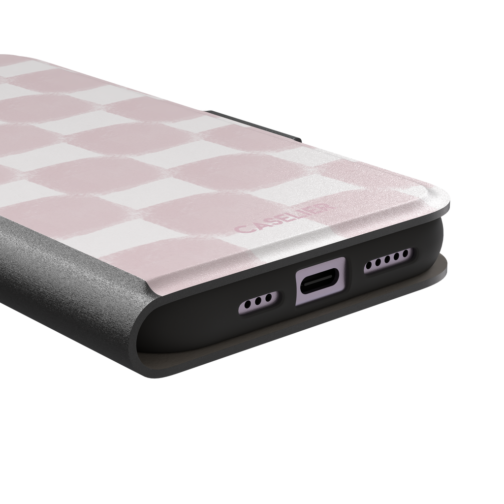 Bricks phone case in dusty pink and white hand-painted checkerboard pattern, phone case by Caselier — wallet case, charging port detail