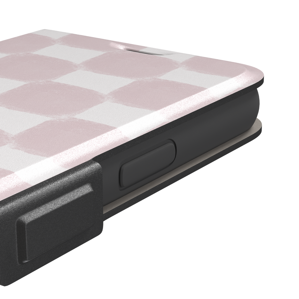 Bricks phone case in dusty pink and white hand-painted checkerboard pattern, phone case by Caselier — wallet case, volume buttons detail